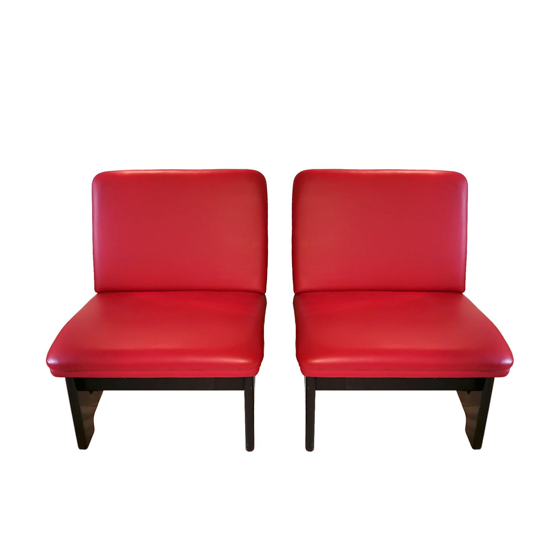 Late 20th Century 1970s Pair of Small Armchairs, Wood, Red Leather, Spain - Barcelona For Sale