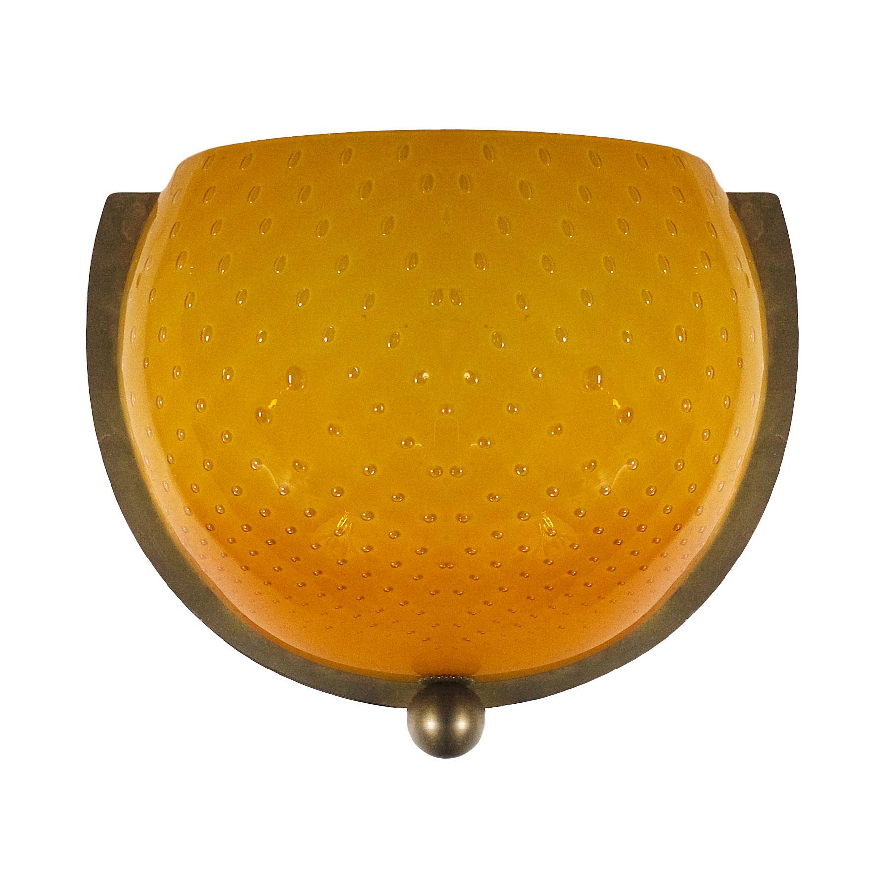 Pair of wall lights, brass support with yellow-orange bubble molten glass.

Italy, circa 1970.