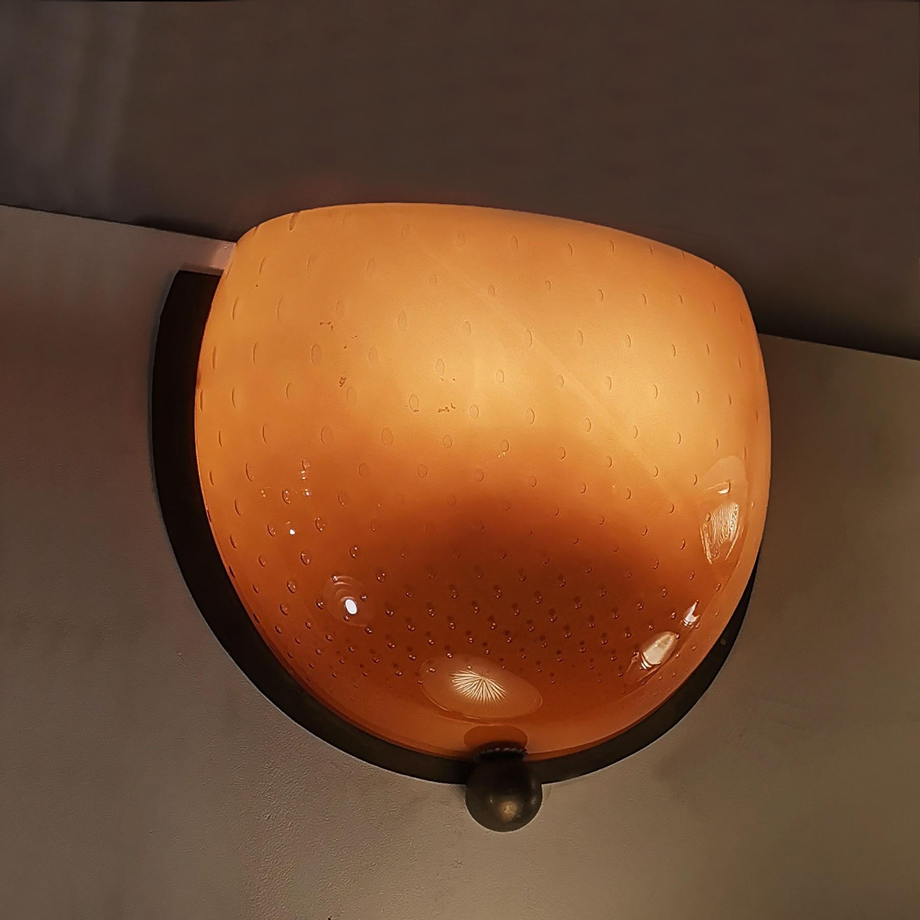 Late 20th Century 1970s Pair of Wall Lights in Brass, Yellow-Orange Bubble Molten Glass - Italy