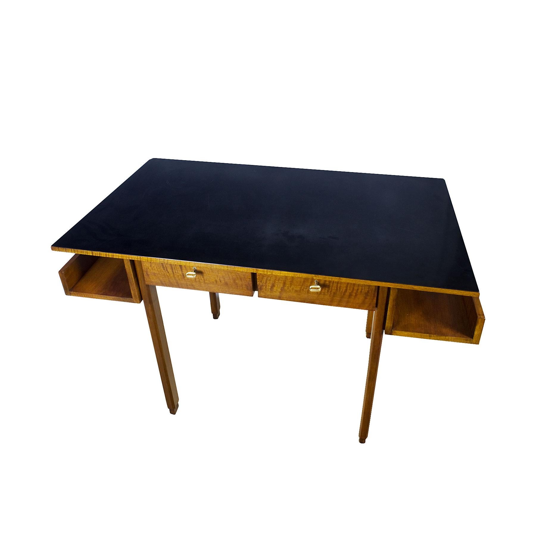 Late 20th Century 1970s Rationalist Desk by Pietro Bossi, Waxed Walnut, Brass, Formica, Italy