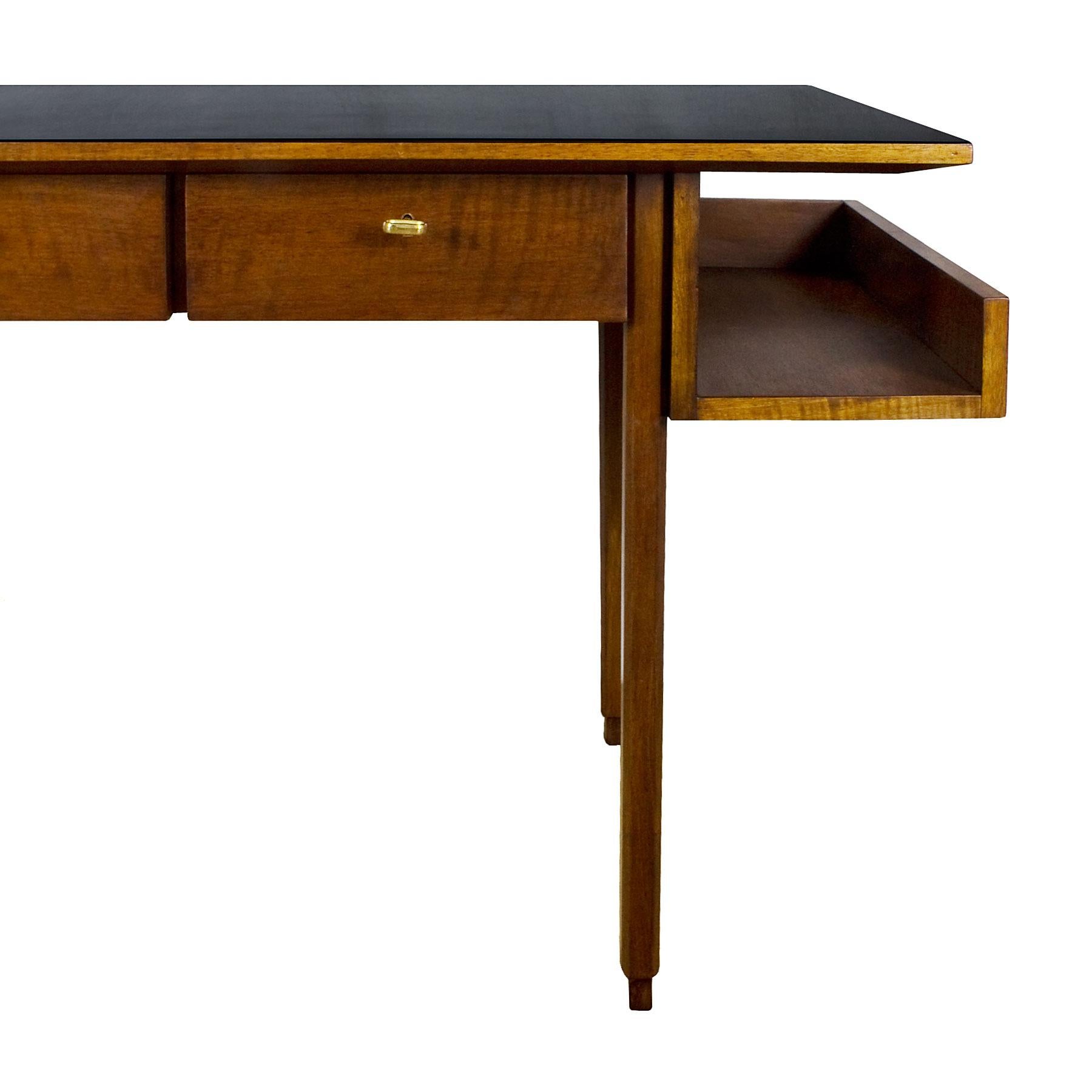 1970s Rationalist Desk by Pietro Bossi, Waxed Walnut, Brass, Formica, Italy 1