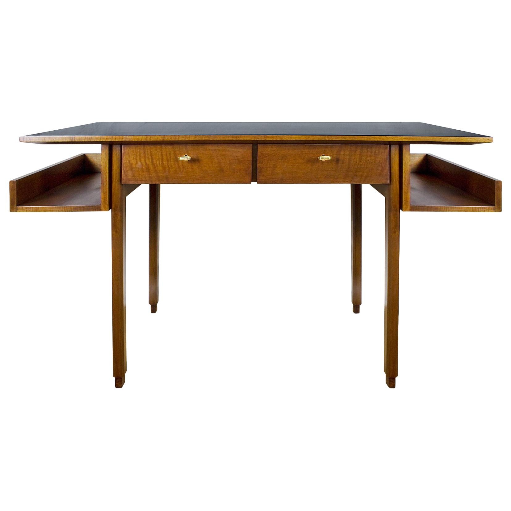 1970s Rationalist Desk by Pietro Bossi, Waxed Walnut, Brass, Formica, Italy