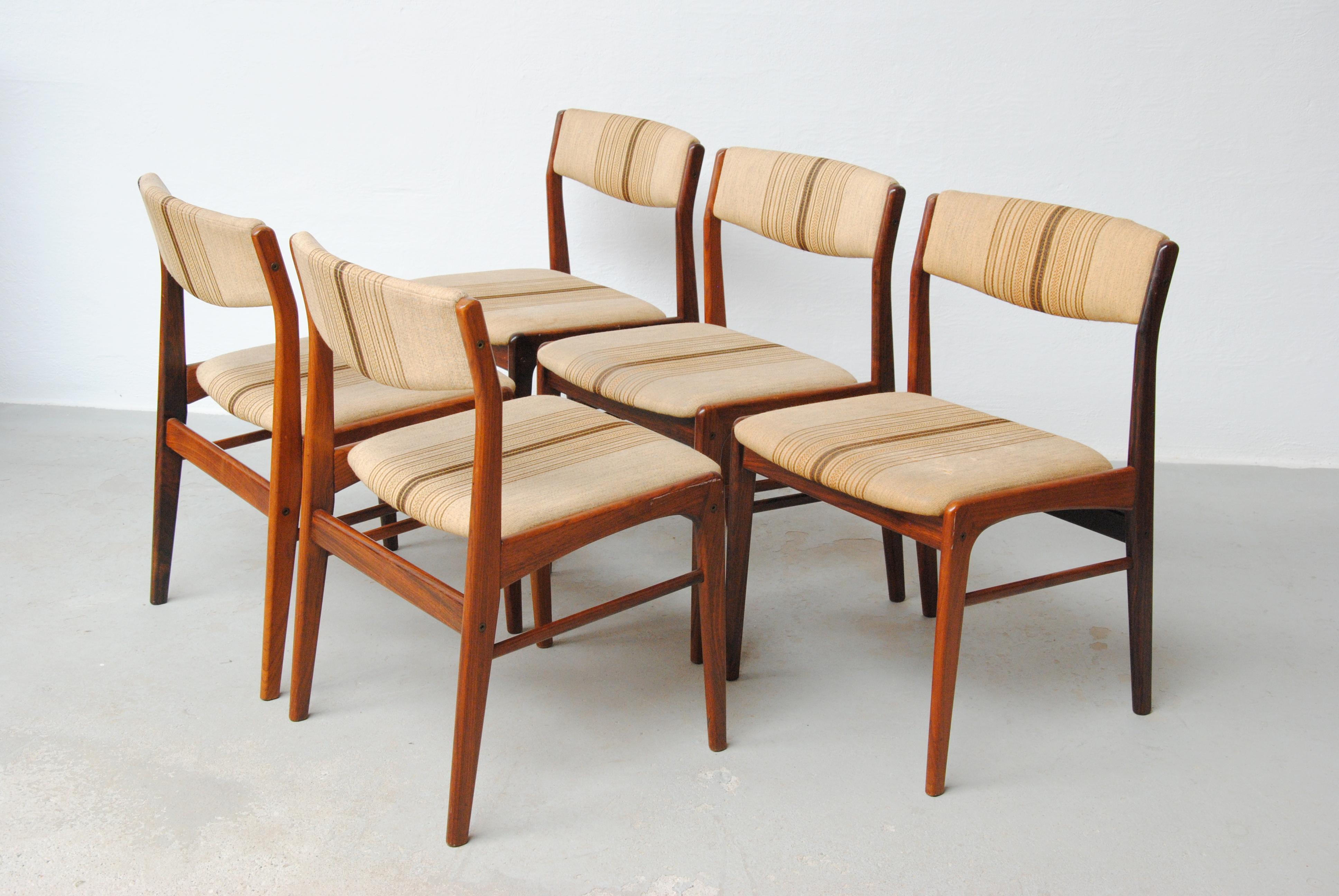 Scandinavian Modern 1970's Set of Five Restored Rosewood Dining Chairs Custom Upholstery Included For Sale