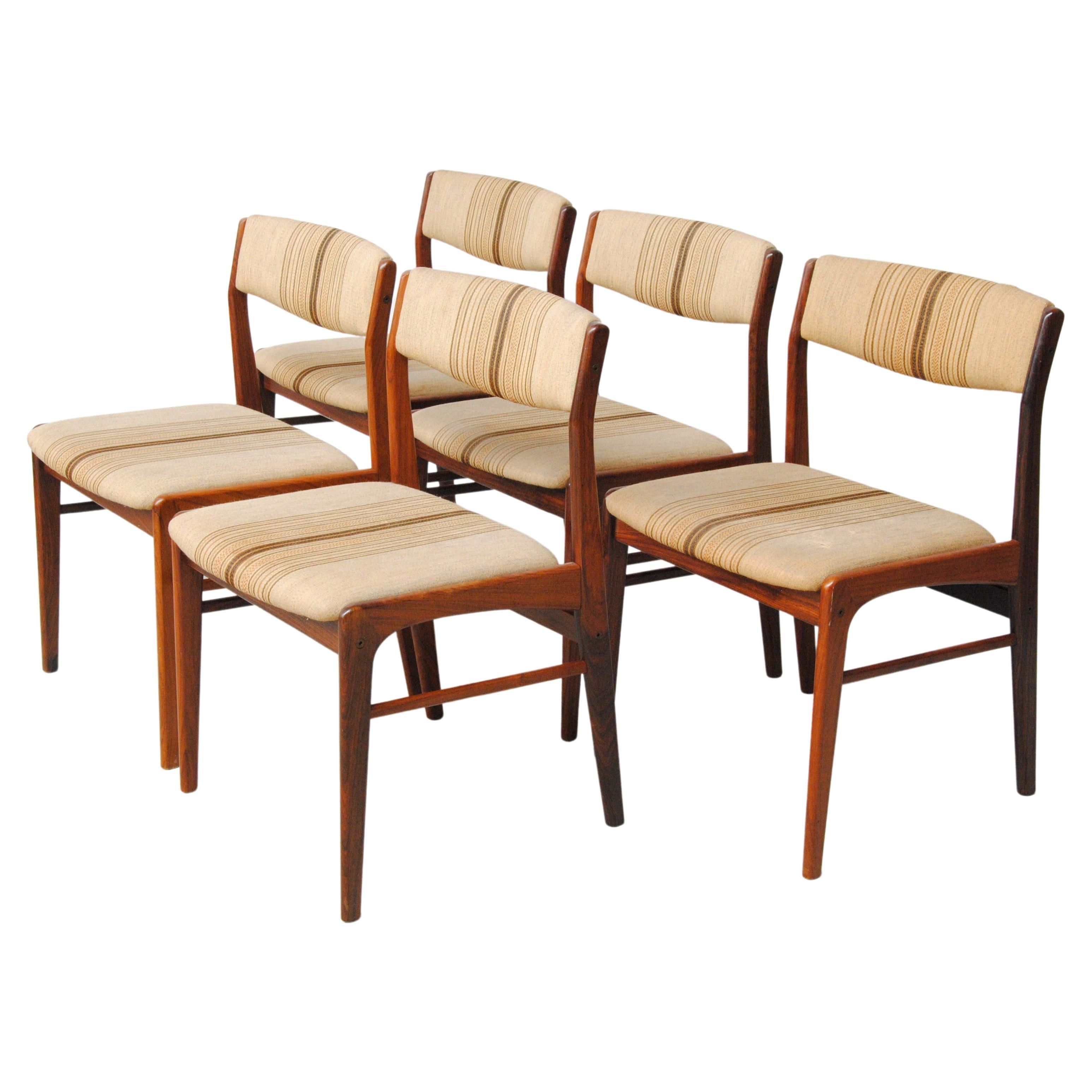 Set aus fünf restaurierten Palisander-Esszimmerstühlen aus den 1970er Jahren, individuelle Polsterung im Lieferumfang enthalten