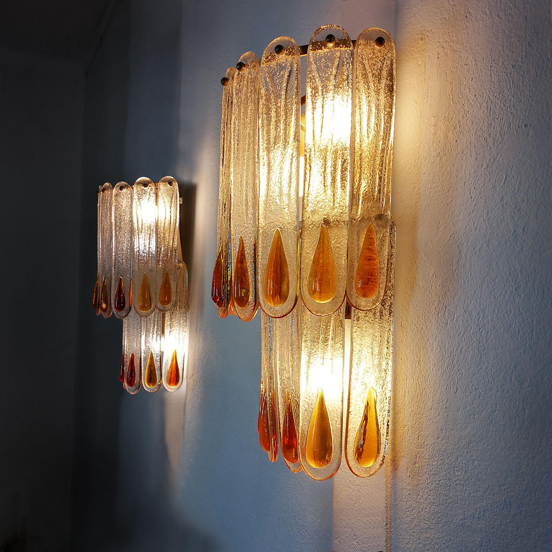 1970s Set of Four Murano Crystal Wall Lights by Mazzega, Brass, Italy, Murano 1