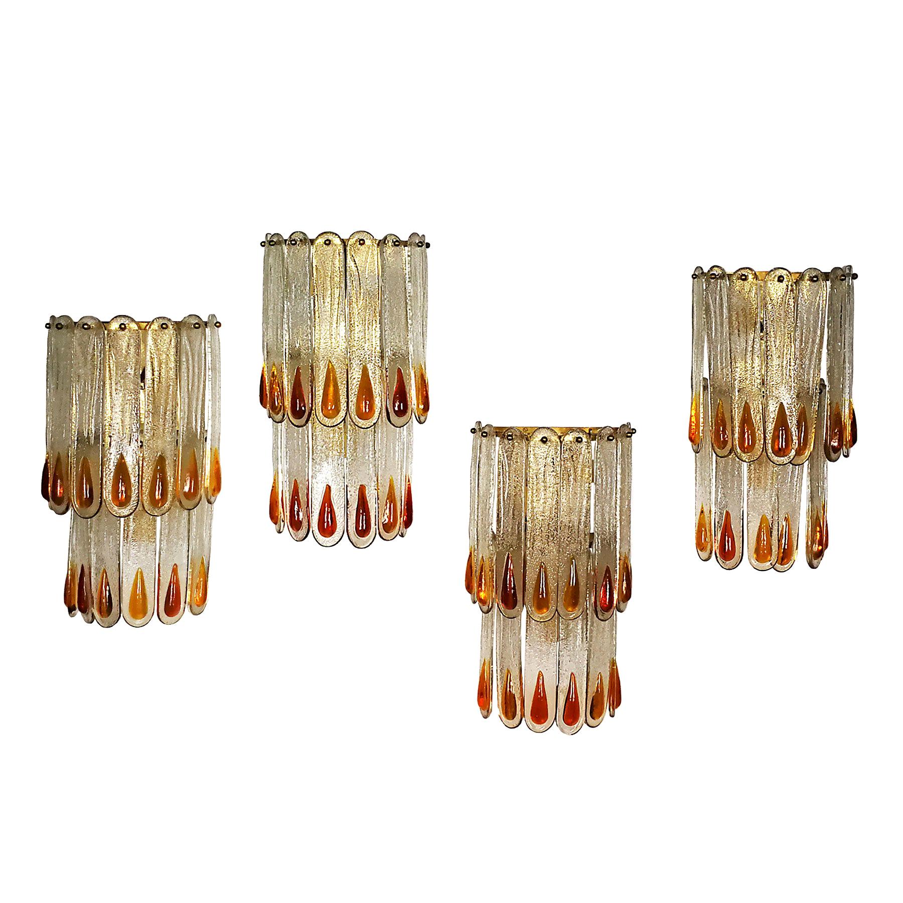 1970s Set of Four Murano Crystal Wall Lights by Mazzega, Brass, Italy, Murano