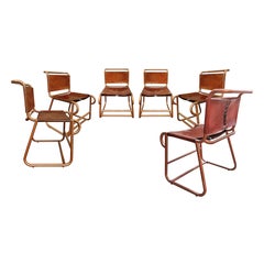 1970s Set of Six Tubular Chairs, Copper Plated Steel, Fawn Leather, Barcelona