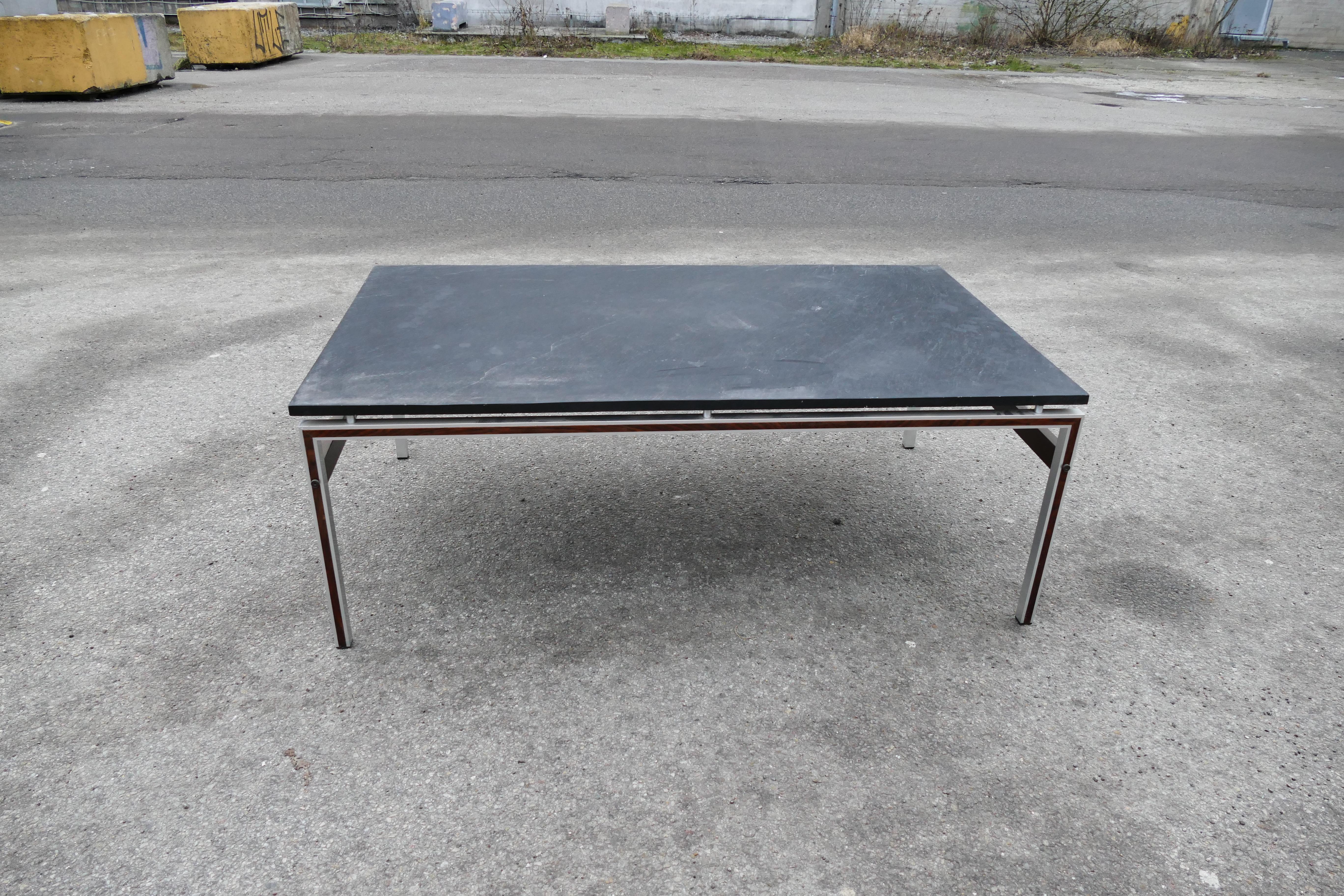 One of a kind slate table. Mid-Century Modern table in black stone marble and rosewood finish.