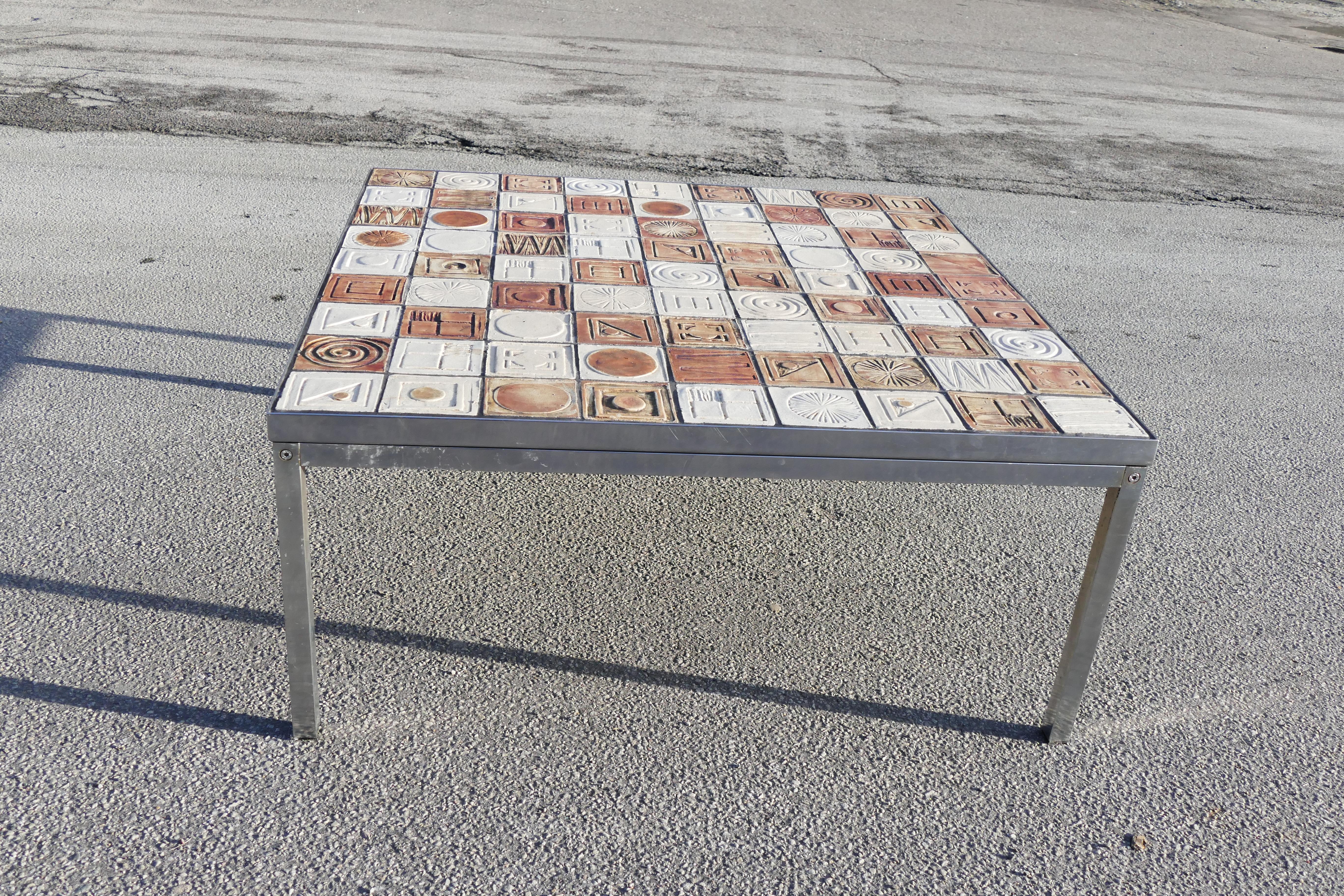 Mid-Century Modern 1970s Sofa Table in Steel and Ceramics For Sale
