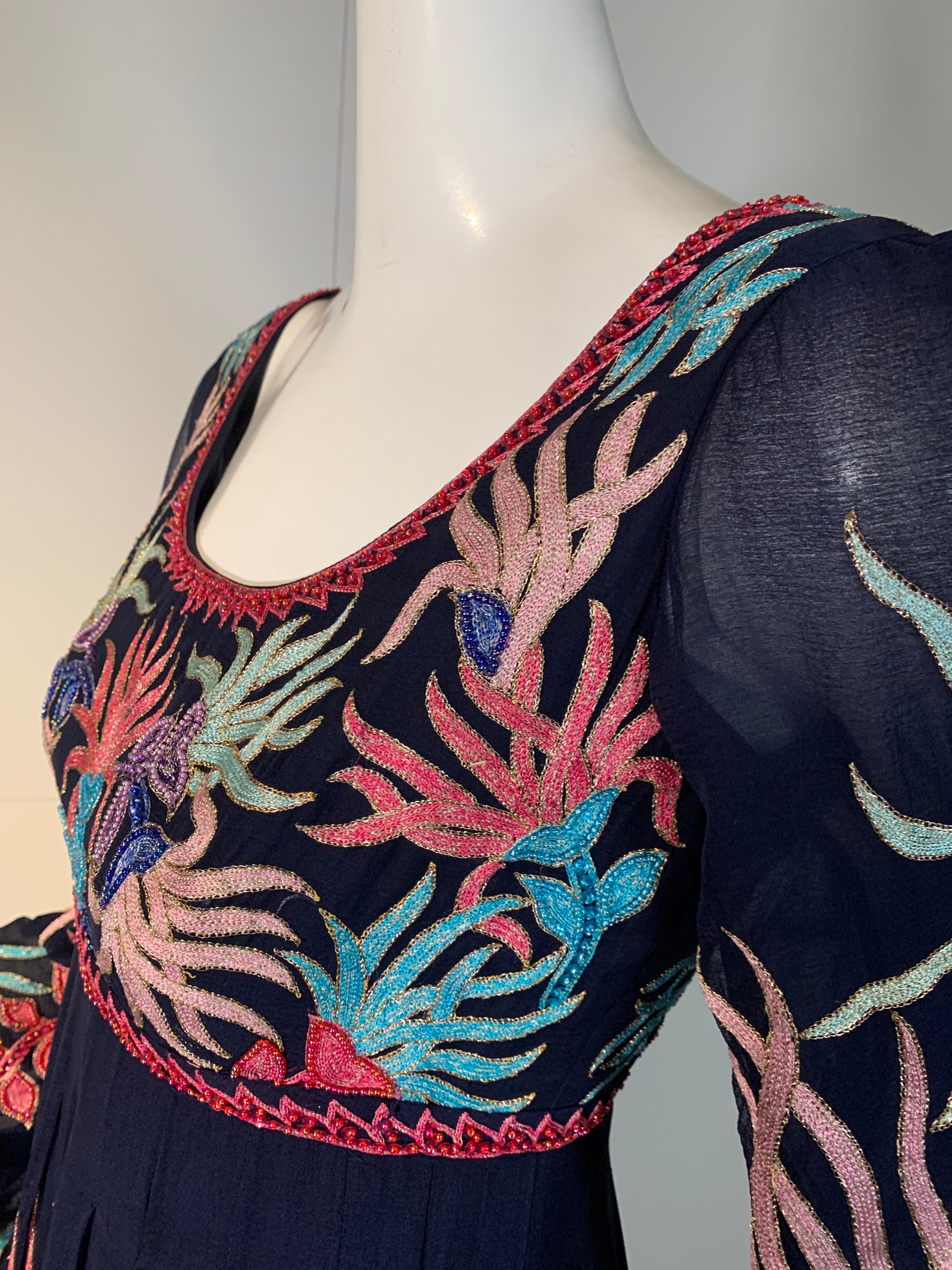 1970 Saz Deep Navy Silk Boho Midi Dress W/ Colorful Embroidery & Beadwork  For Sale 6
