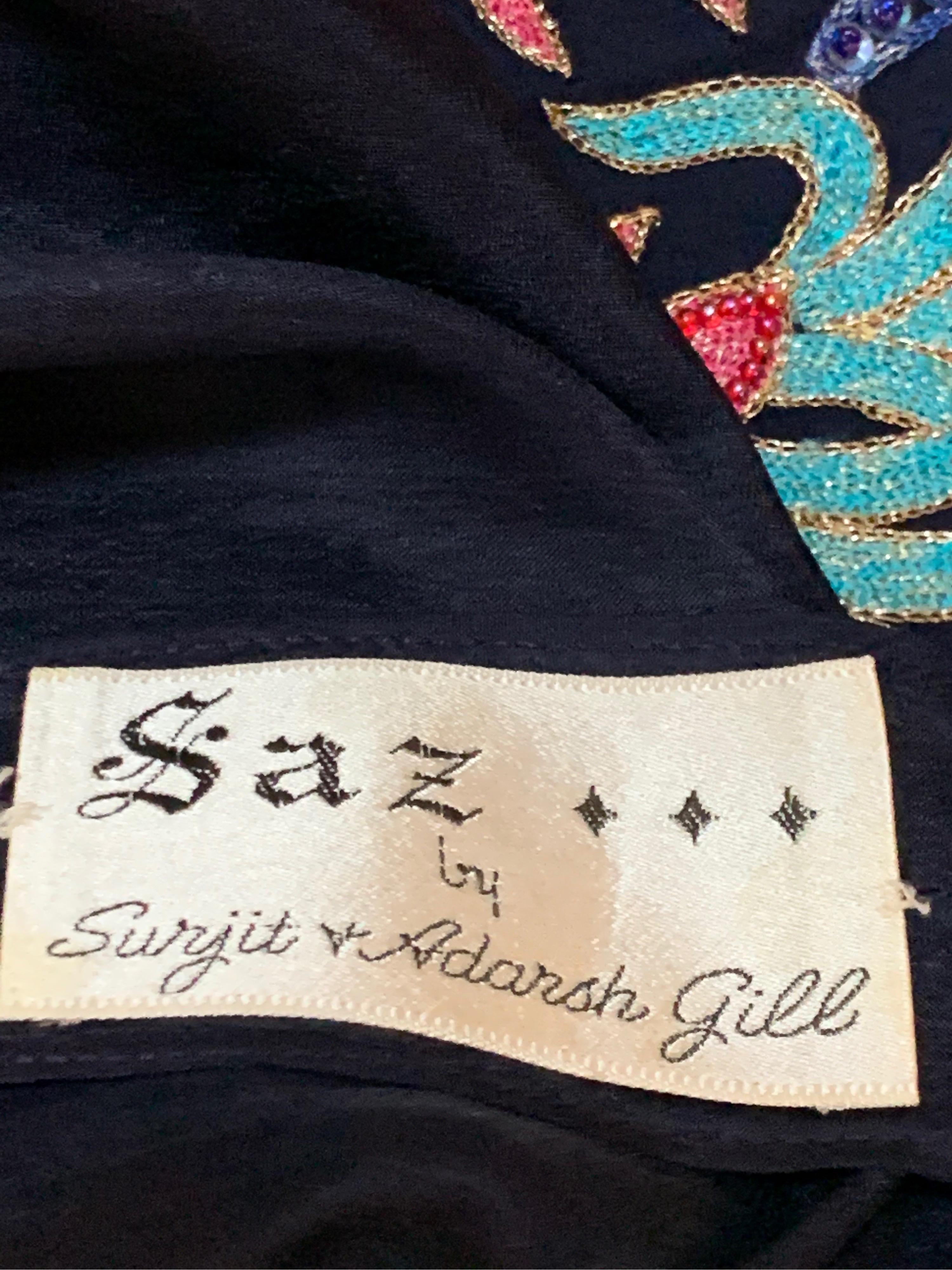 1970 Saz Deep Navy Silk Boho Midi Dress W/ Colorful Embroidery & Beadwork  For Sale 7