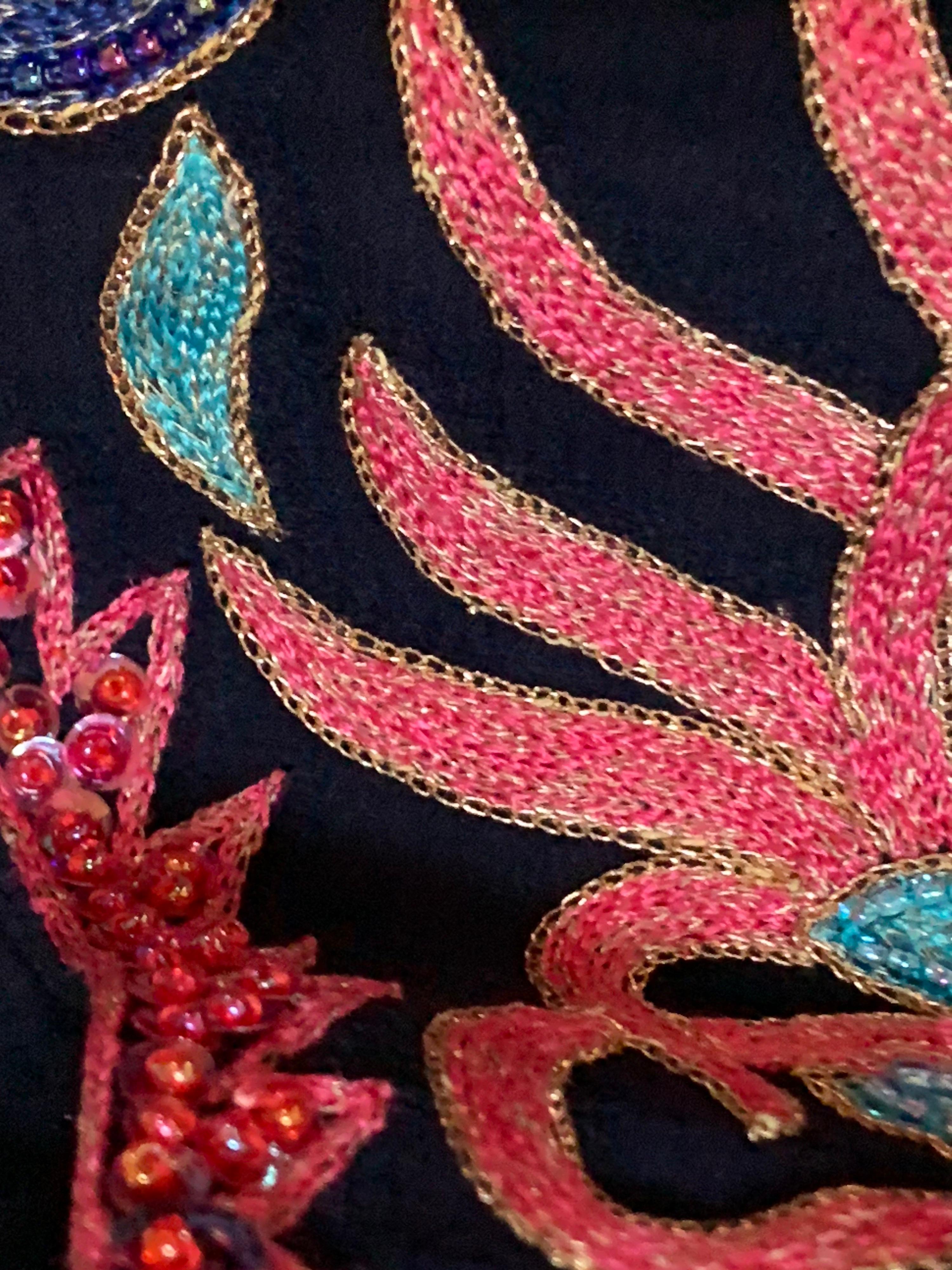 1970 Saz Deep Navy Silk Boho Midi Dress W/ Colorful Embroidery & Beadwork  For Sale 8