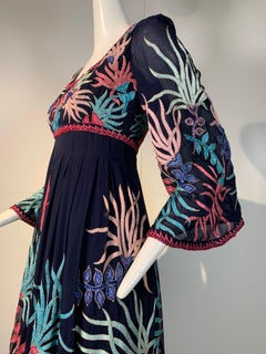 1970 Saz Deep Navy Silk Boho Midi Dress W/ Colorful Embroidery & Beadwork