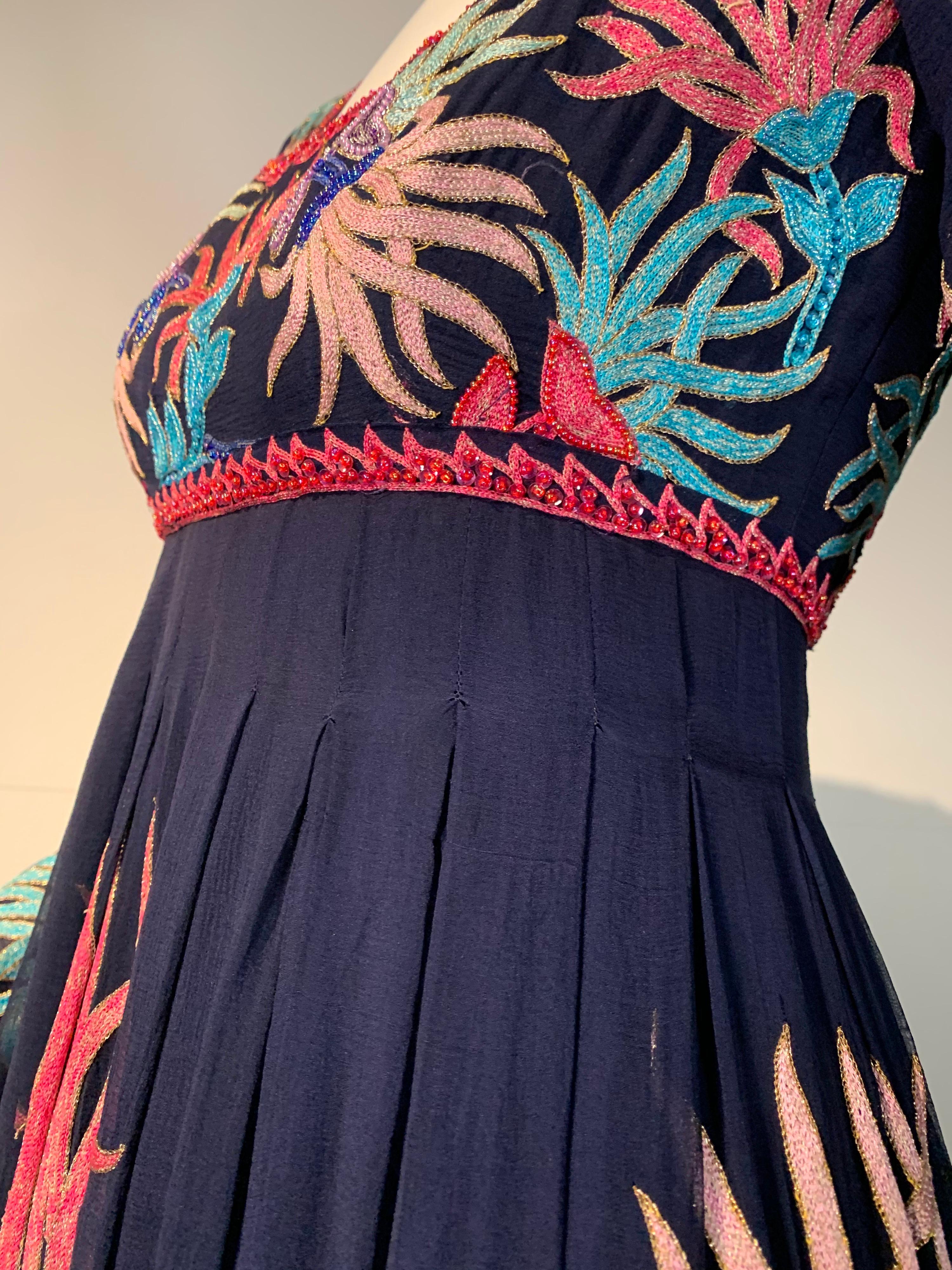 1970 Saz Deep Navy Silk Boho Midi Dress W/ Colorful Embroidery & Beadwork  In Excellent Condition For Sale In Gresham, OR