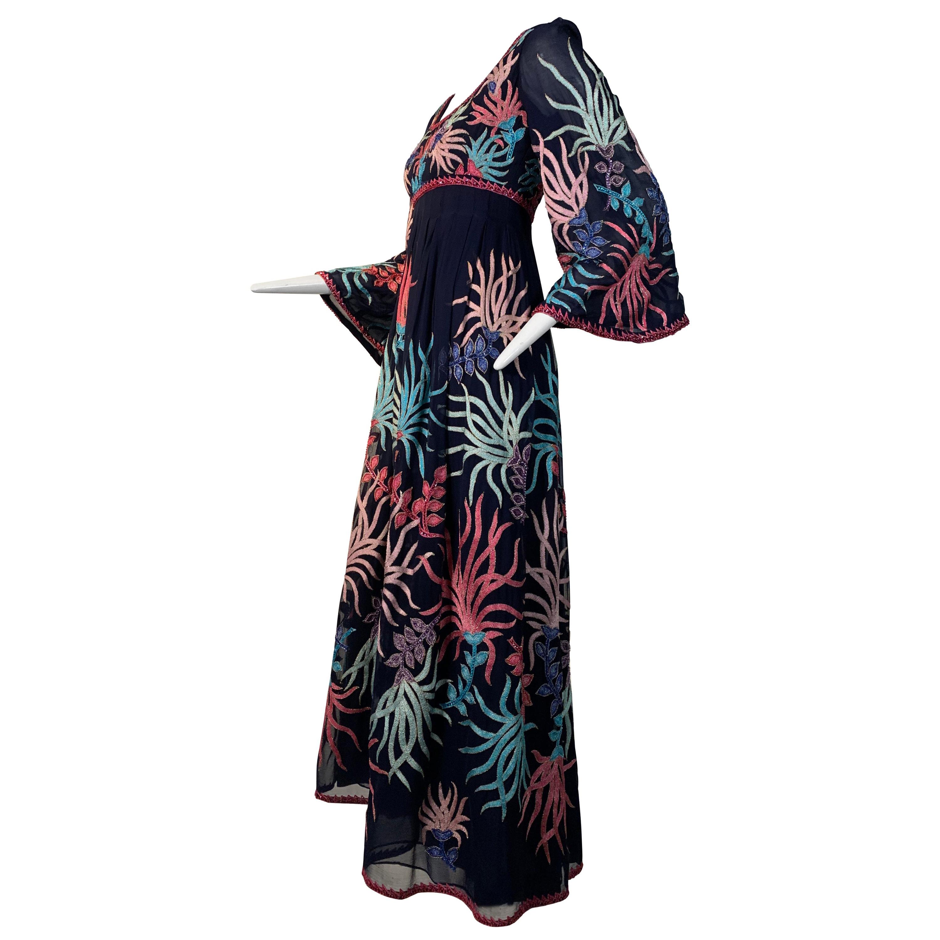 1970 Saz Deep Navy Silk Boho Midi Dress W/ Colorful Embroidery & Beadwork 