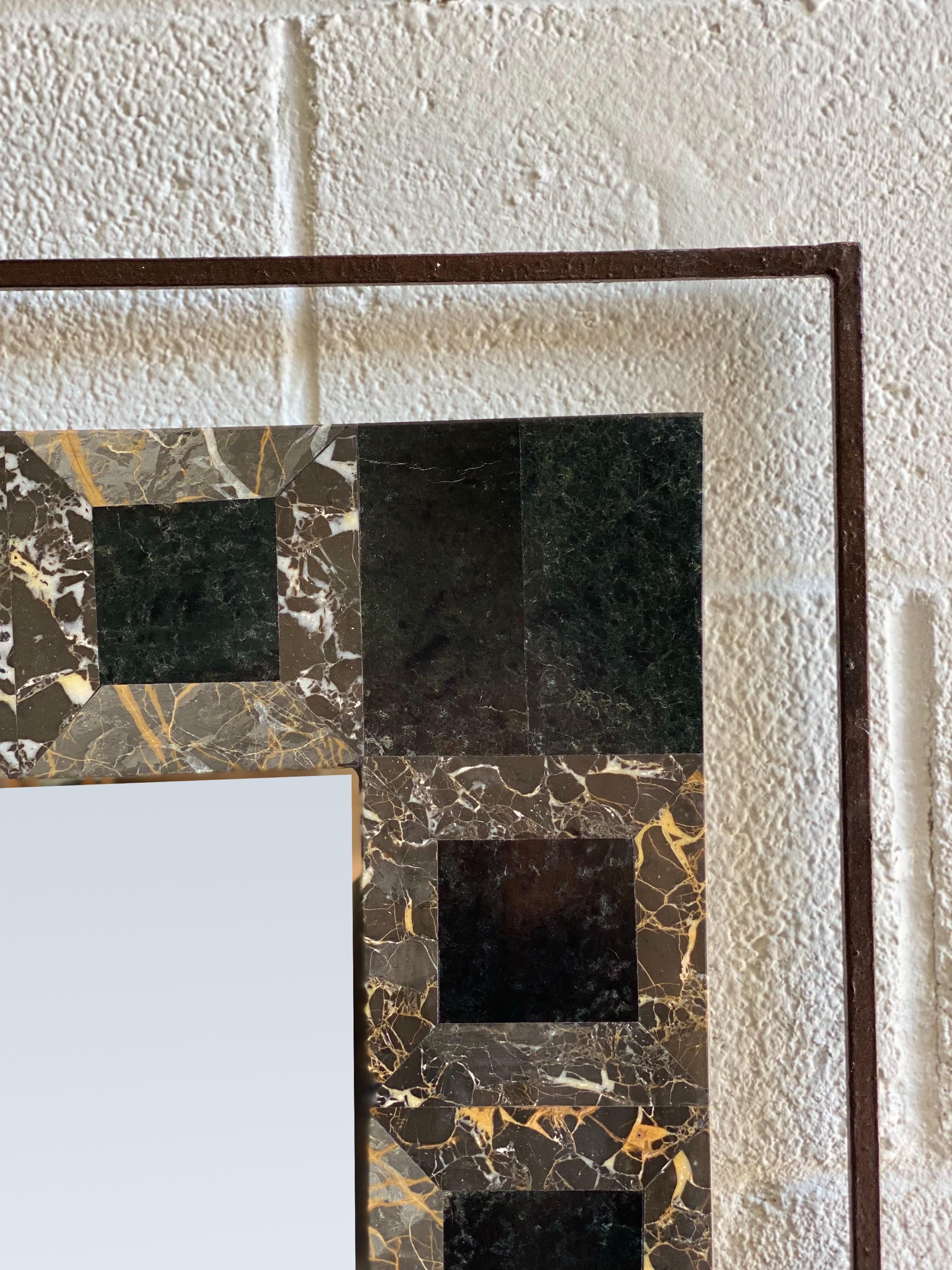 Late 20th Century 1970 Sculptural Tessellated Black and Brown Marble Stone Rectangular Wall Mirror For Sale