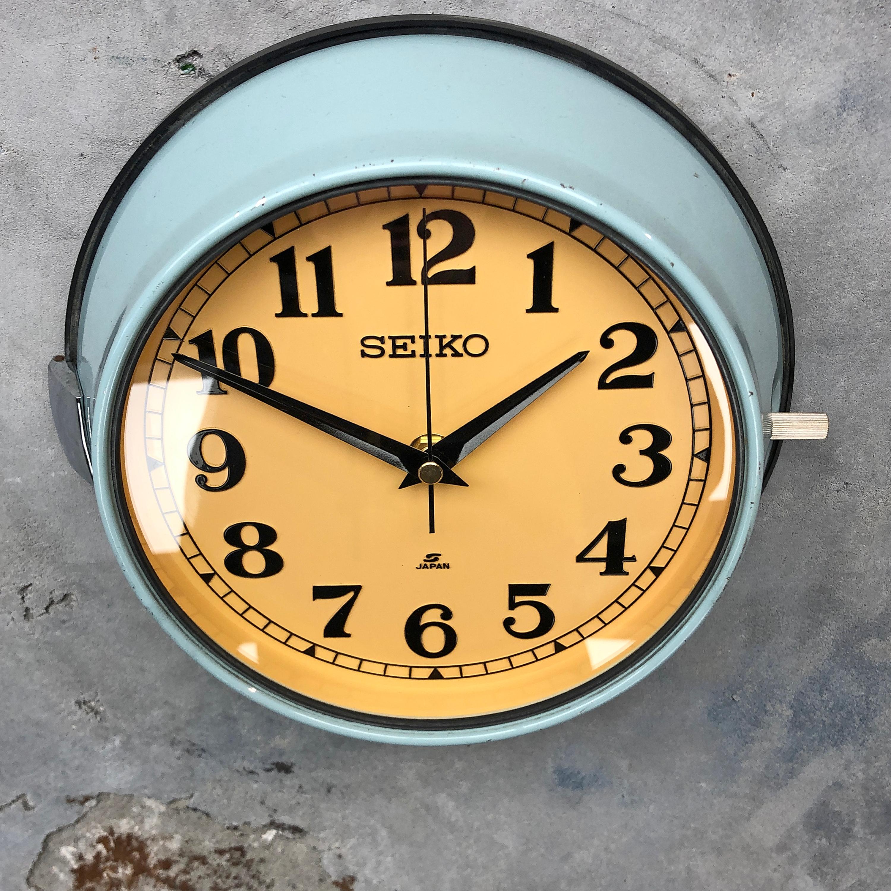 Late 20th Century 1970 Seiko Blue and Tobacco Retro Vintage Industrial Antique Steel Quartz Clock For Sale