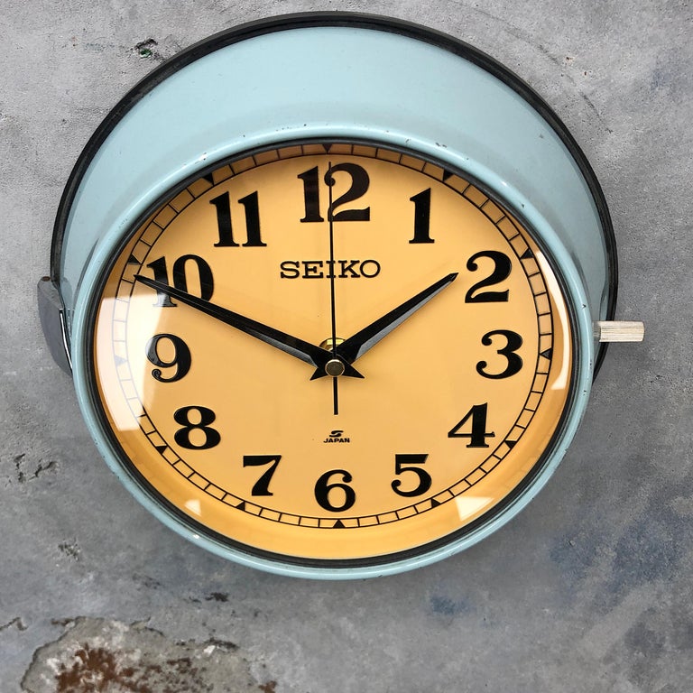 Late 20th Century 1970 Seiko Blue and Tobacco Retro Vintage Industrial Antique Steel Quartz Clock For Sale