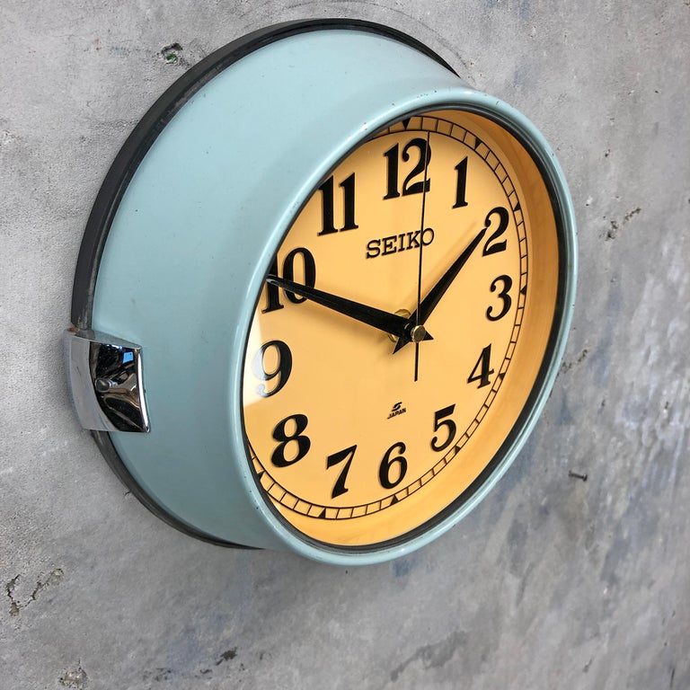 1970 Seiko Blue and Tobacco Retro Vintage Industrial Antique Steel Quartz Clock For Sale 1