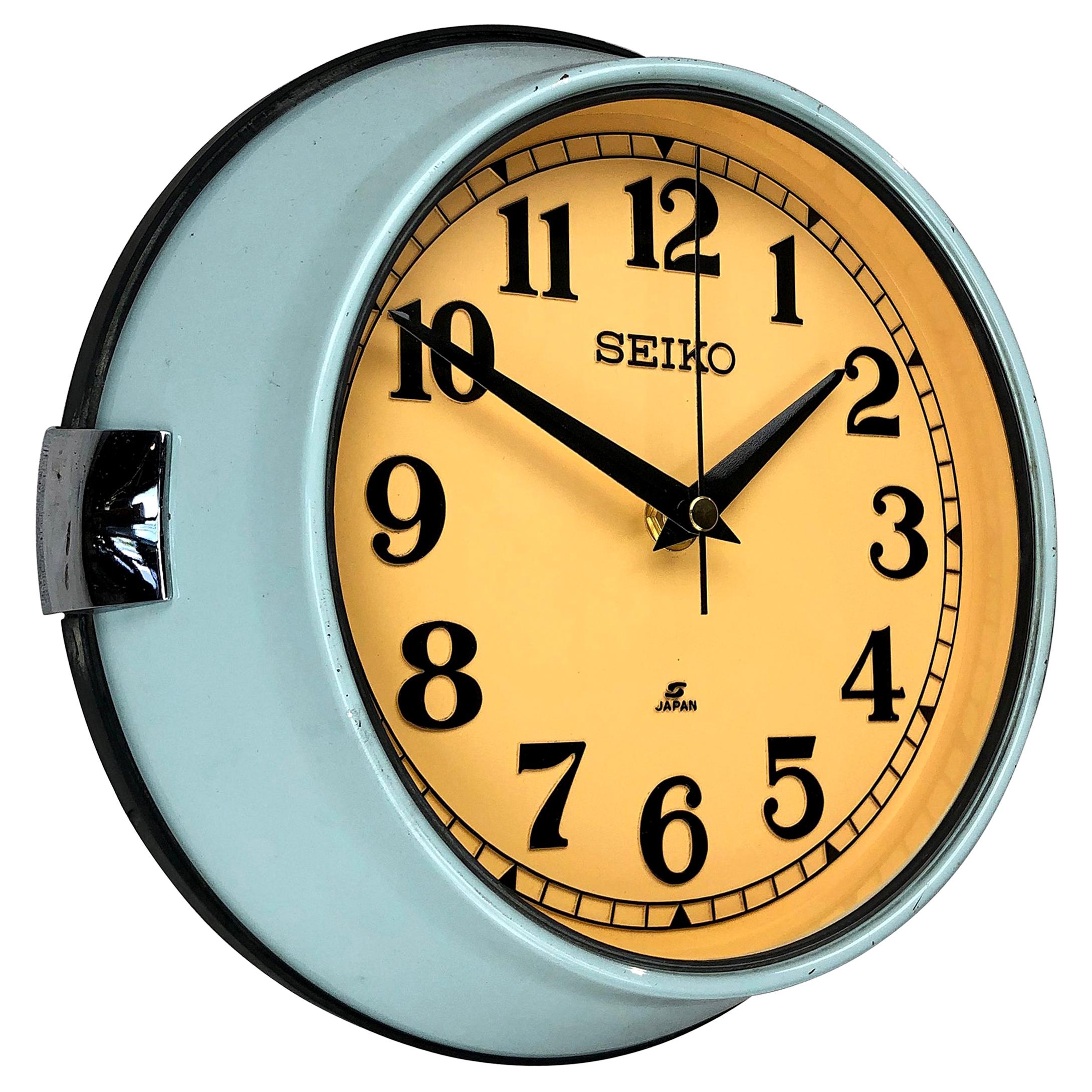1970 Seiko Blue and Tobacco Retro Vintage Industrial Antique Steel Quartz Clock For Sale