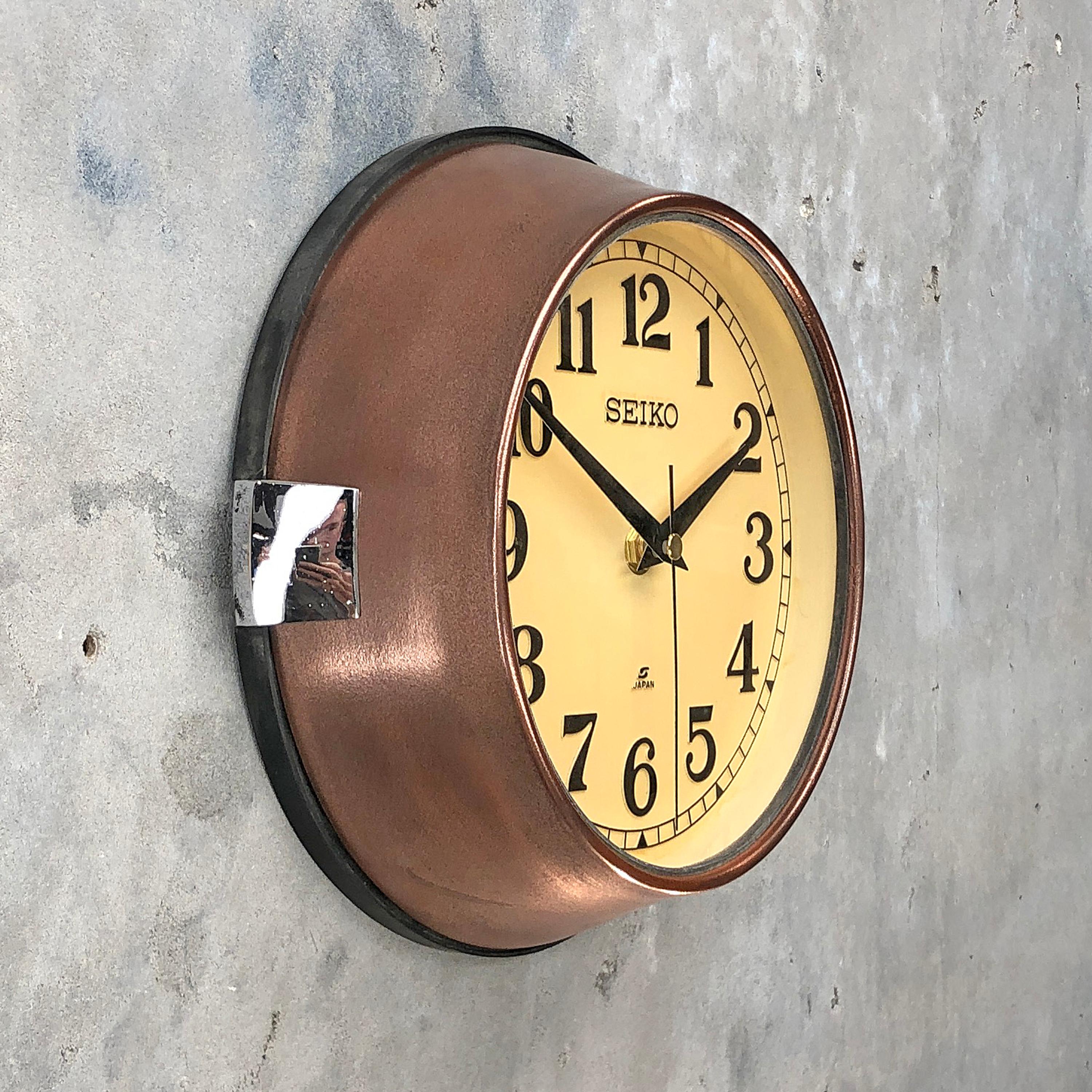 Japanese 1970 Seiko Copper and Cream Retro Vintage Industrial Antique Steel Quartz Clock