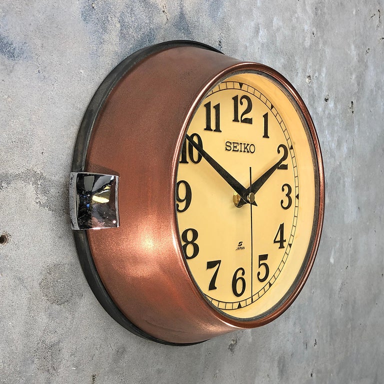 1970 Seiko Copper and Cream Retro Vintage Industrial Antique Steel Quartz Clock For Sale at 1stDibs