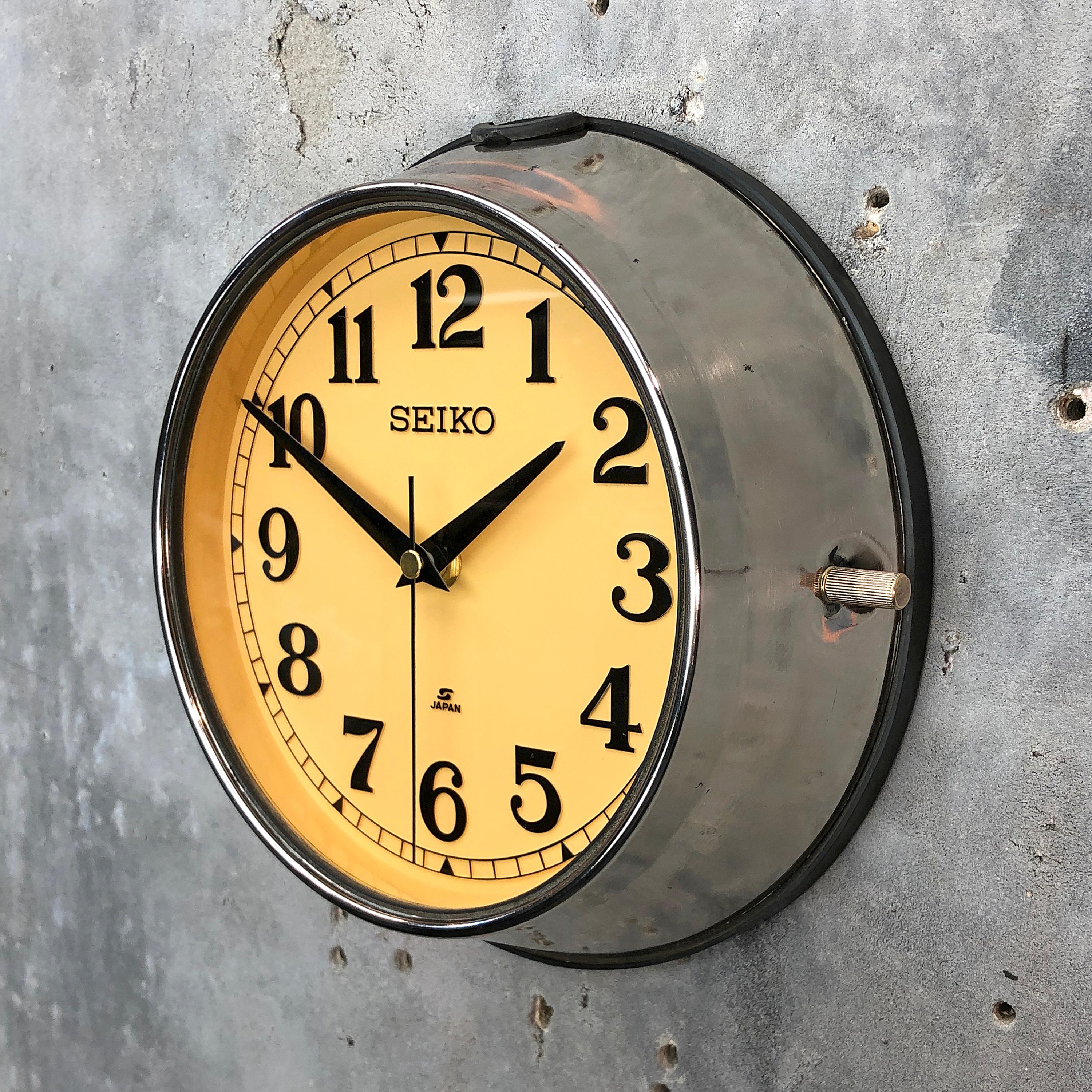 Seiko super tanker slave clock stripped and polished.

A reclaimed and restored maritime slave clock.

These clocks were used in great numbers on super tankers, cargo ships and military vessels built during the 1970s and housed a movement that would
