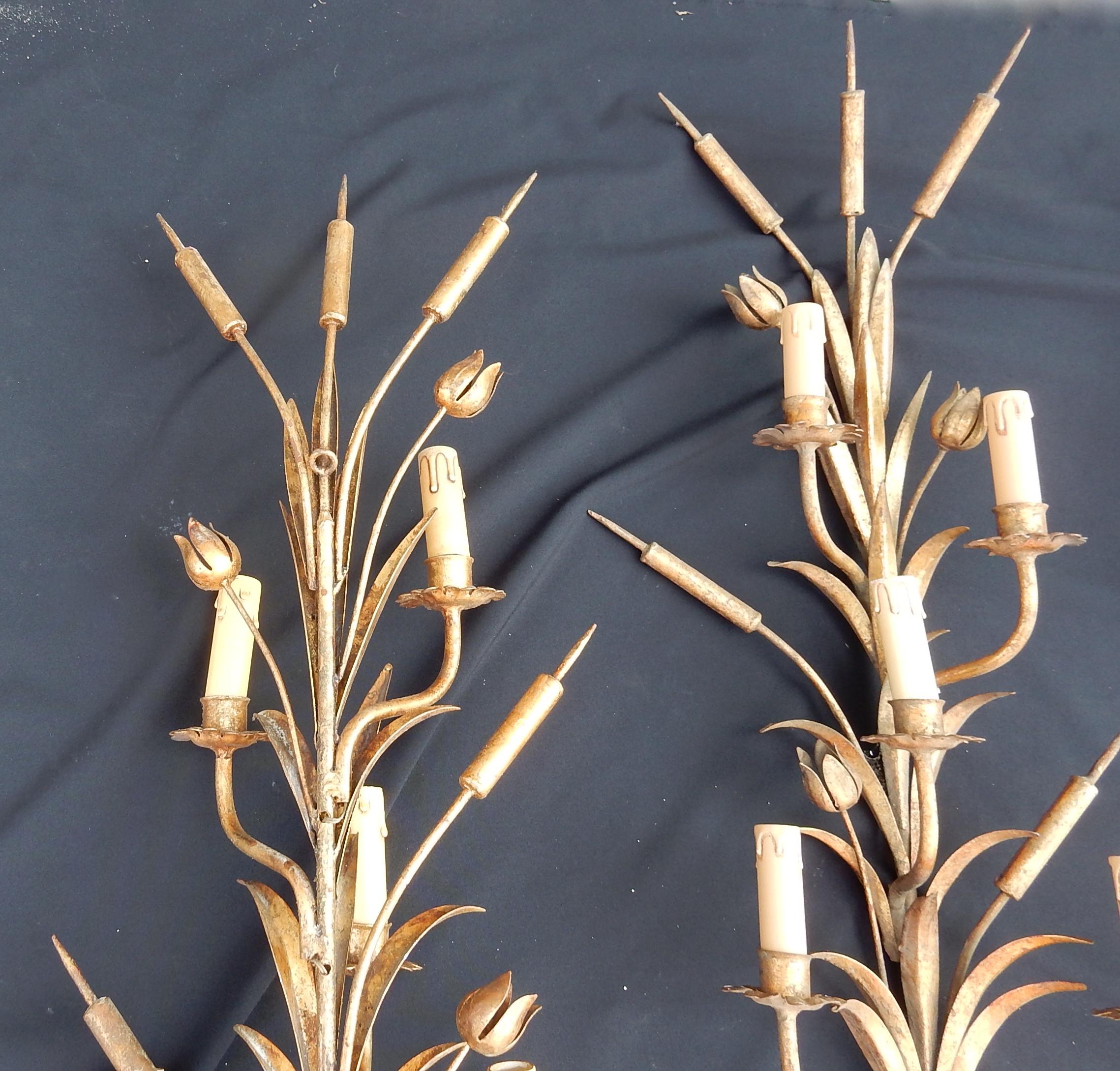  1970 Series of 3 Wall Lights with Reeds in Golden Iron Maison Jansen For Sale 3