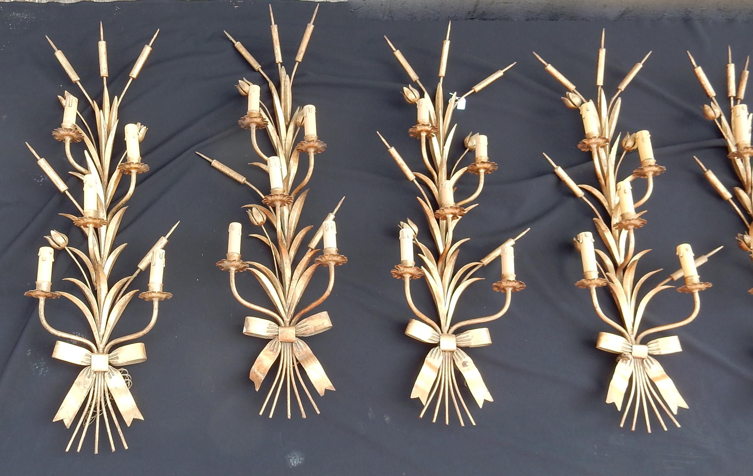 Art Deco  1970 Series of 3 Wall Lights with Reeds in Golden Iron Maison Jansen For Sale