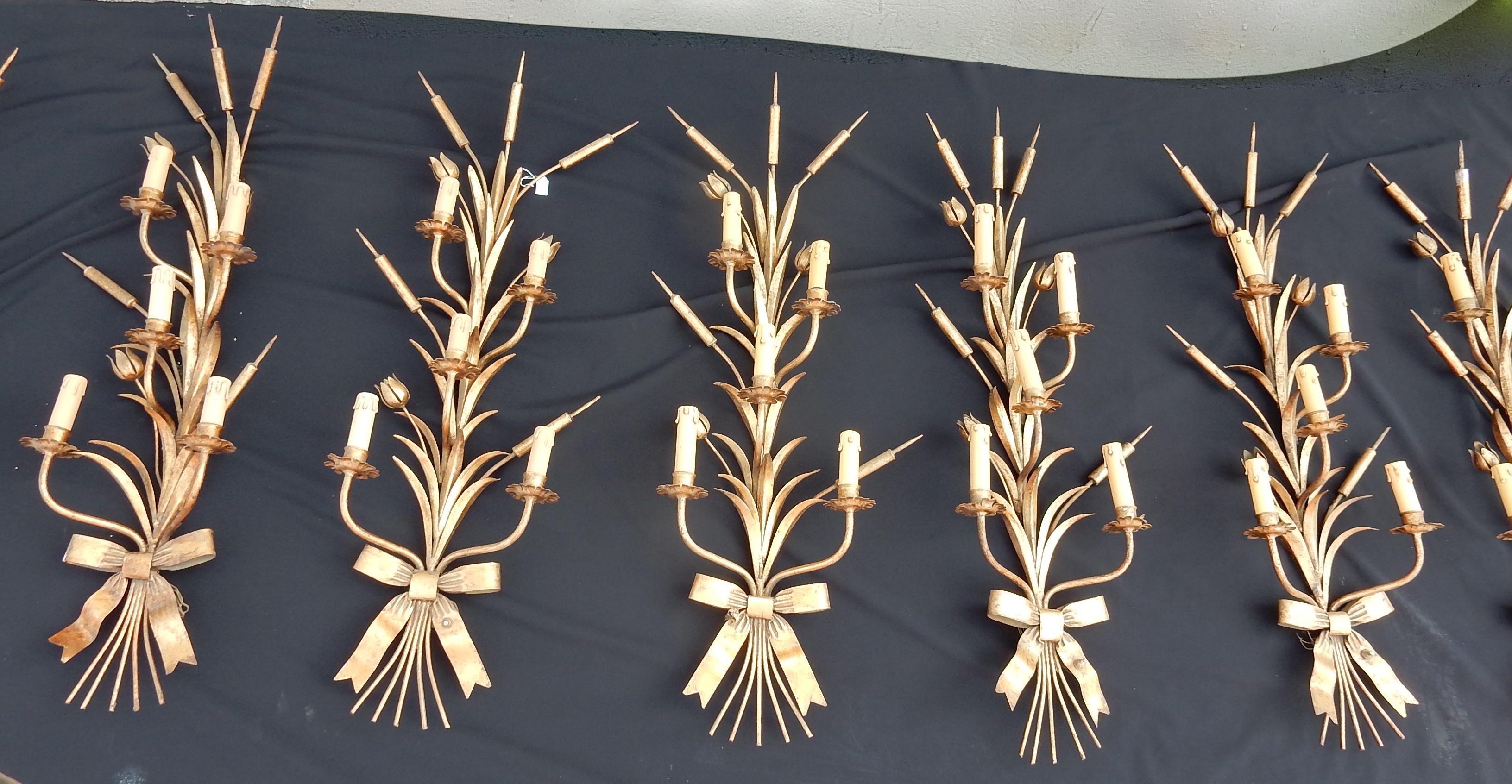 French  1970 Series of 3 Wall Lights with Reeds in Golden Iron Maison Jansen For Sale