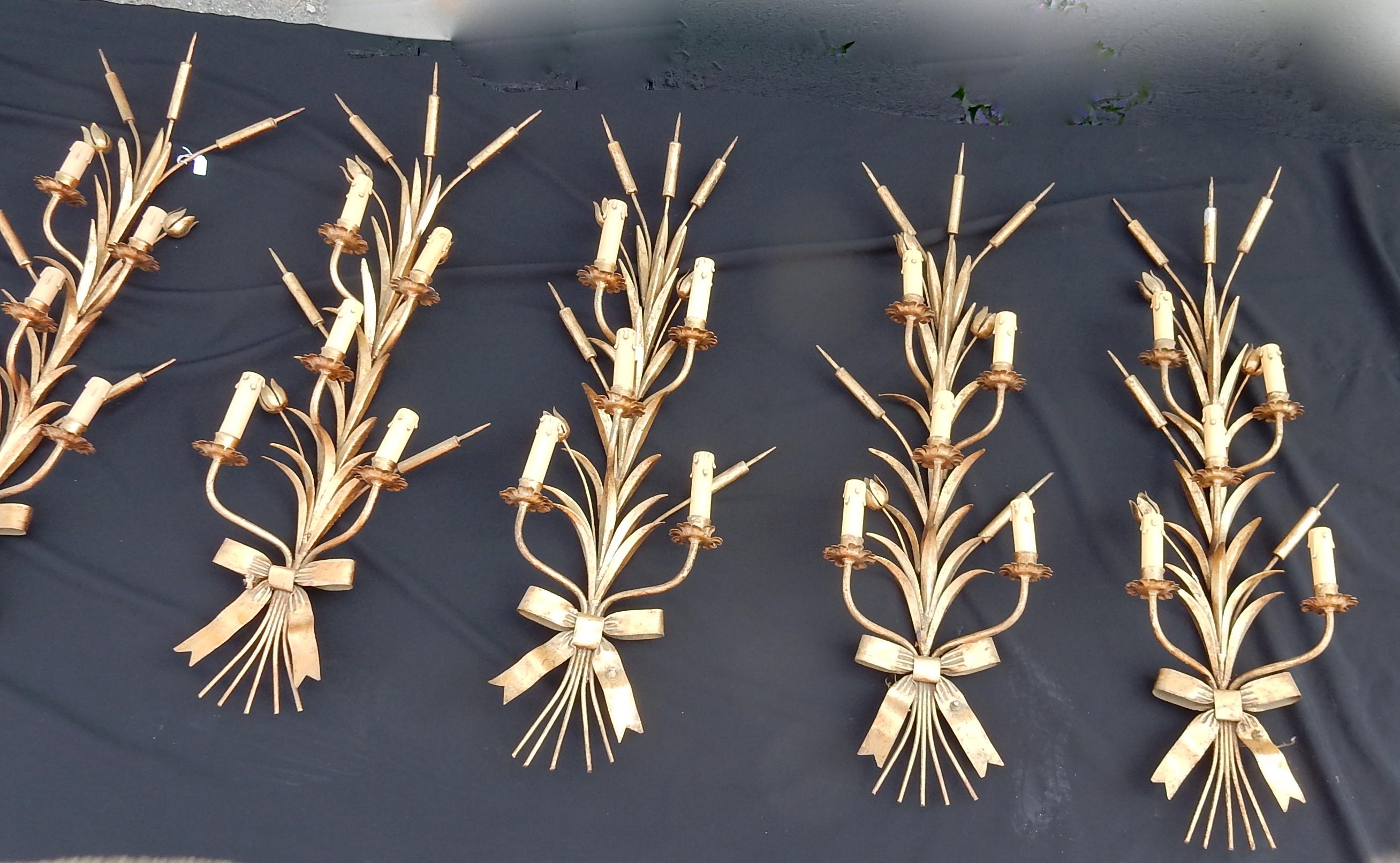 Patinated 1970 Series of 3 Wall Lights with Reeds in Golden Iron Maison Jansen For Sale