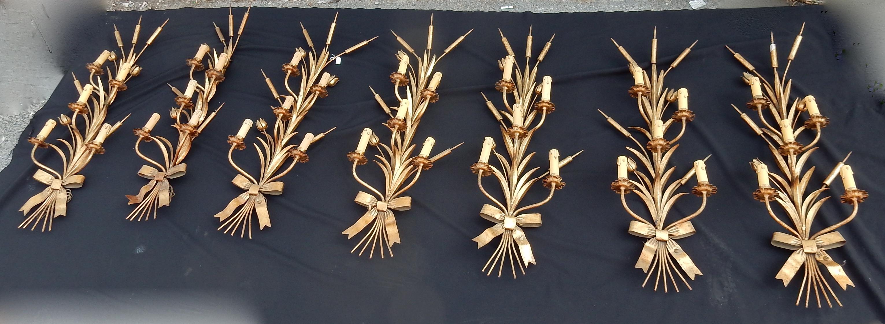  1970 Series of 3 Wall Lights with Reeds in Golden Iron Maison Jansen In Fair Condition For Sale In Paris, FR