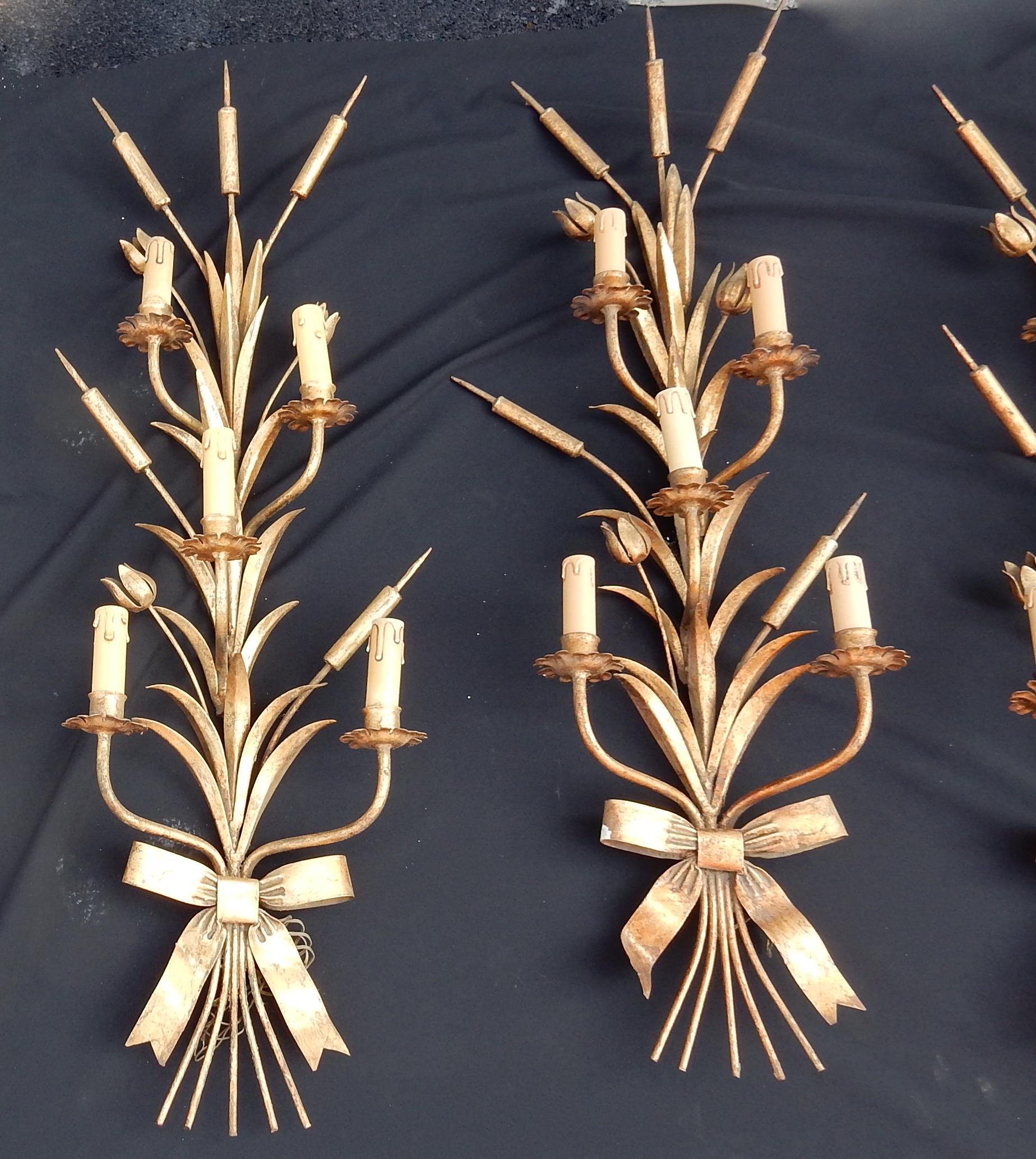 Late 20th Century  1970 Series of 3 Wall Lights with Reeds in Golden Iron Maison Jansen For Sale