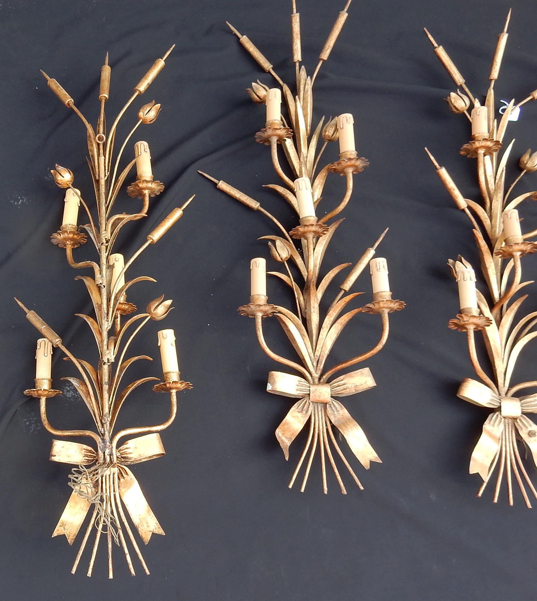  1970 Series of 3 Wall Lights with Reeds in Golden Iron Maison Jansen For Sale 1