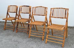 1970 Set 4 Mid-Century Modern Tiger Bamboo Folding Chairs British Colonial Style