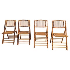 Vintage 1970 Set 4 Mid-Century Modern Tiger Bamboo Folding Chairs British Colonial Style
