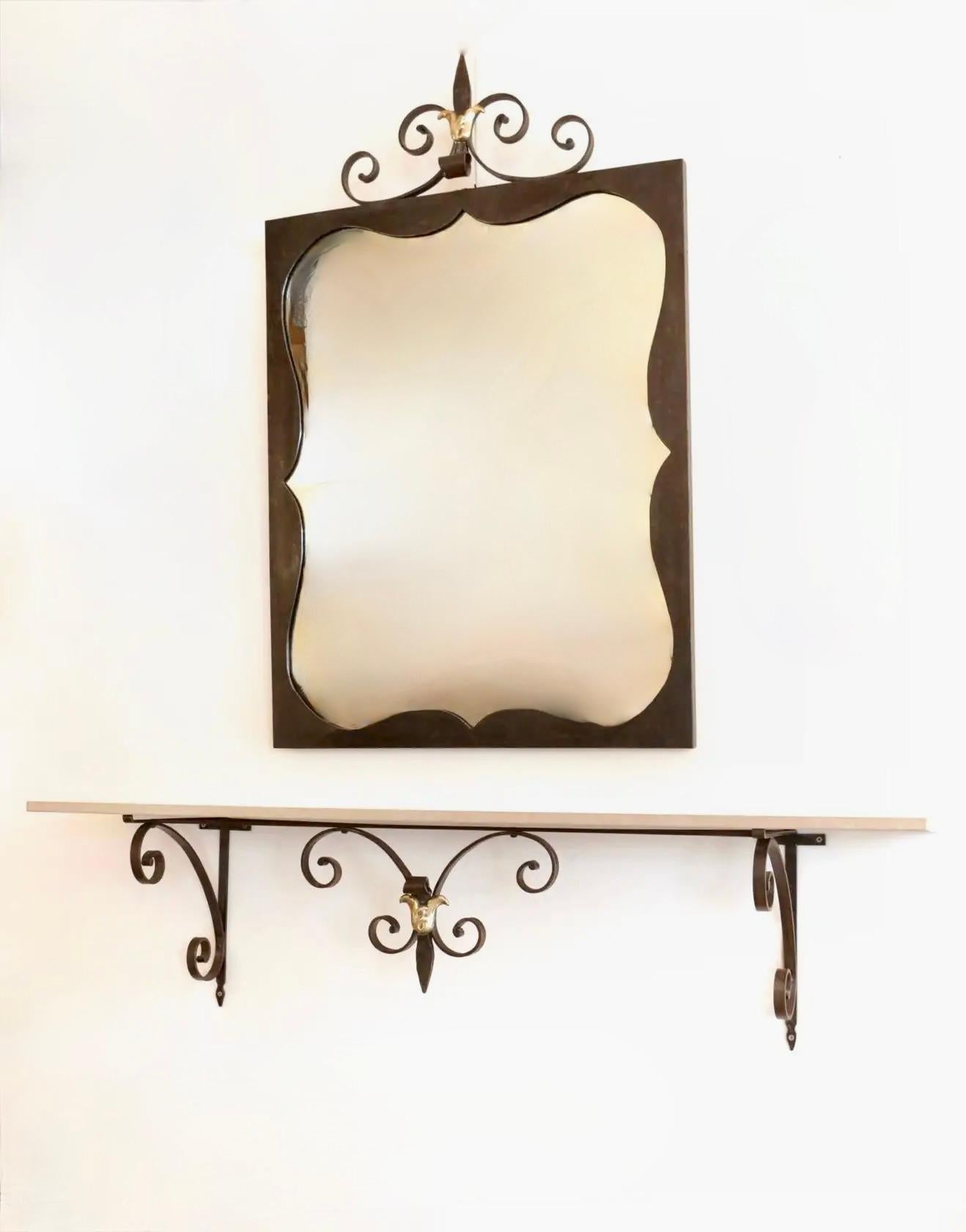 Late 20th Century 1970 Set Console Et Mirror in Black Wrought Iron and Gilded Brass Maison Honoré For Sale