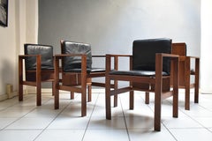 1970, Set of 4 Chairs with Armrests by Bernini, Walnut Wood and Black Leather