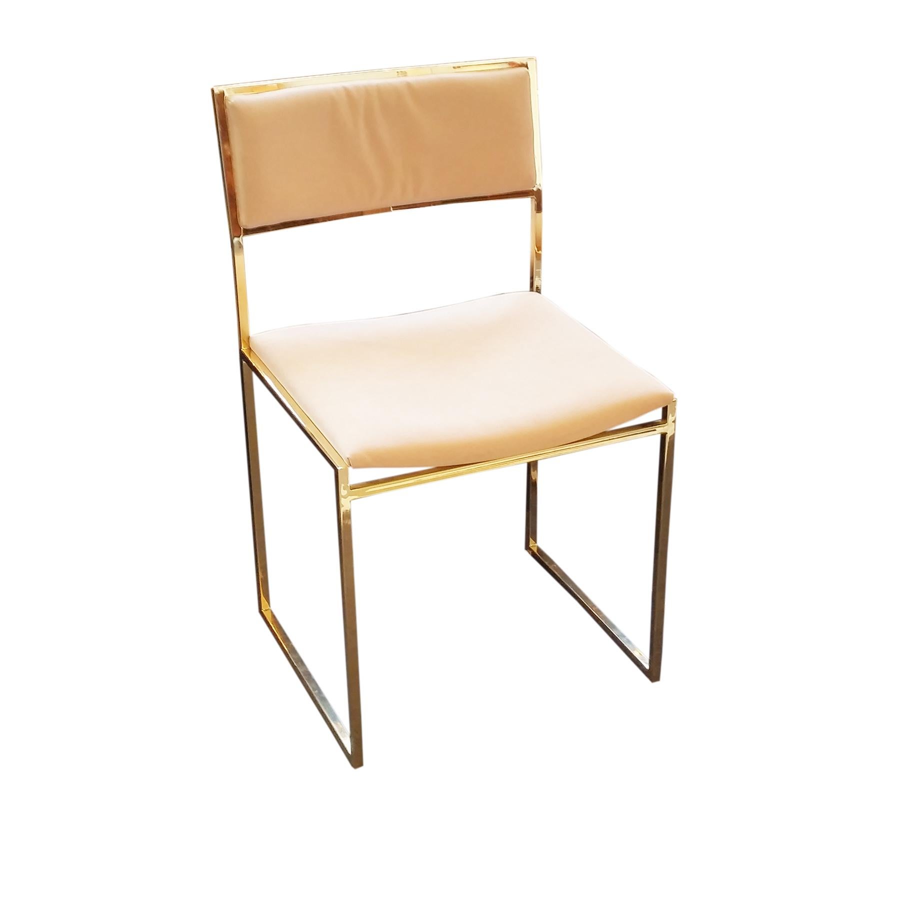 Eight dining chairs gold and puce, designed by Willy Rizzo.
Elegant design, filigran and very light.
The chairs have a new upholstery in puce colour, but this can be changed if desired, for the regarding cost.
Each chair is signed in white by Willy