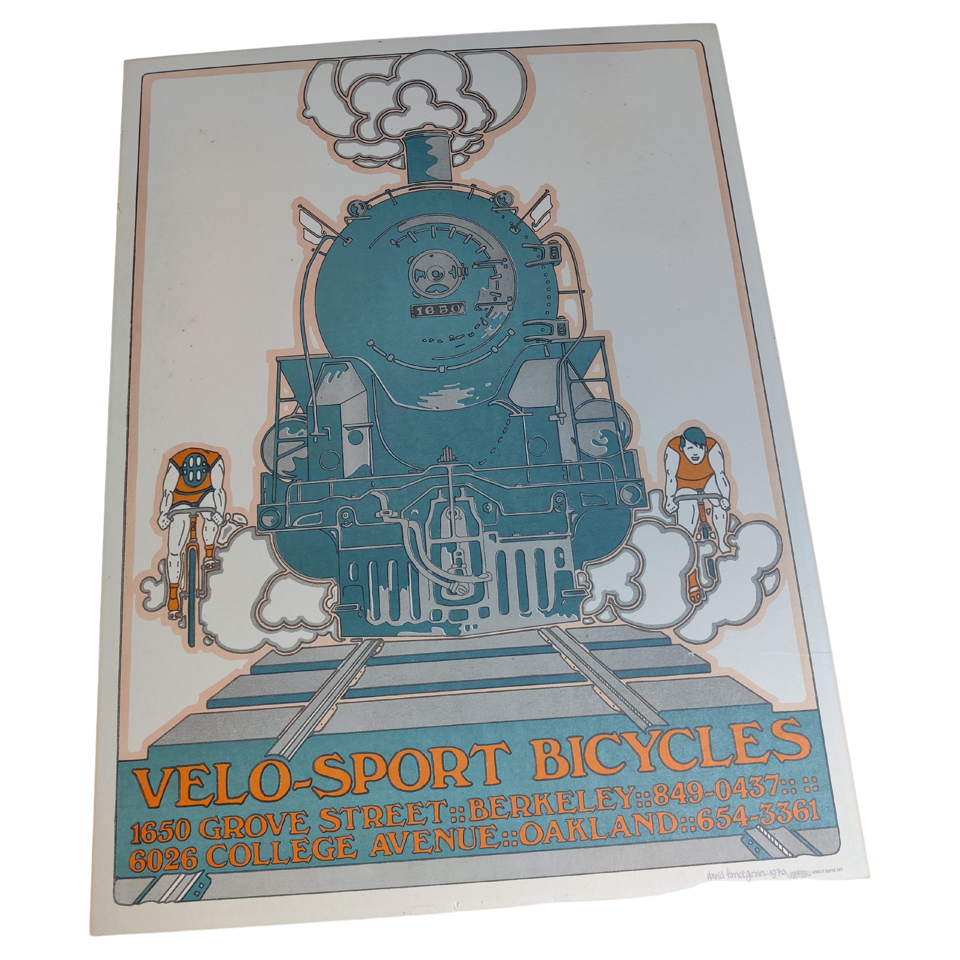 1970 Signed David Lance Goines Art Nouveau Lithograph - Velco Sports Bicycles For Sale