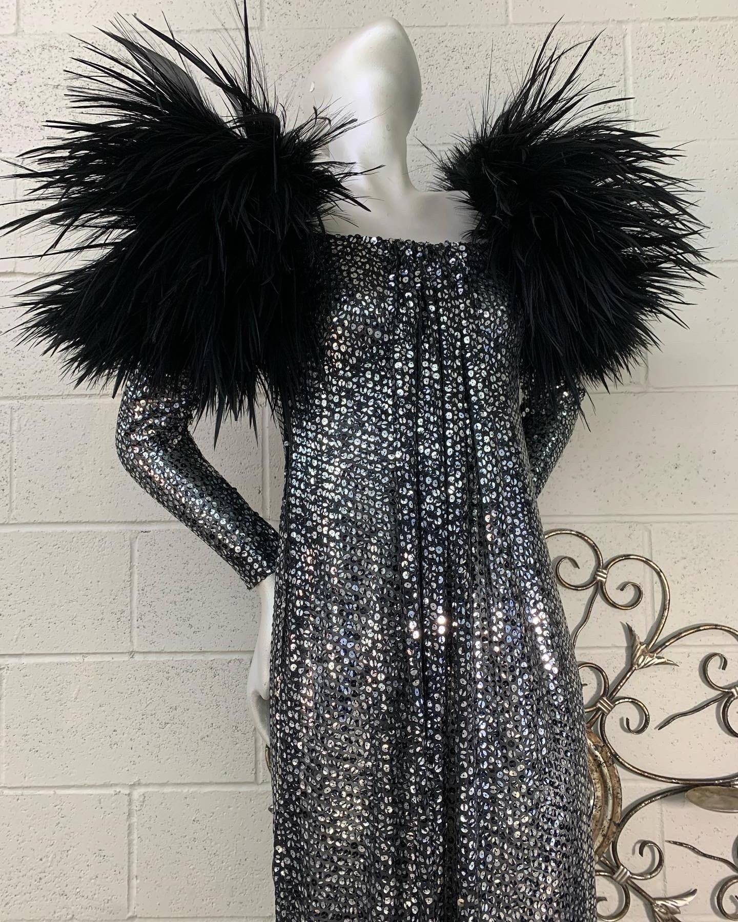 1970 Silver & Black Sequin Gown w Avant Garde Black Feather Shoulder Detail For Sale 4