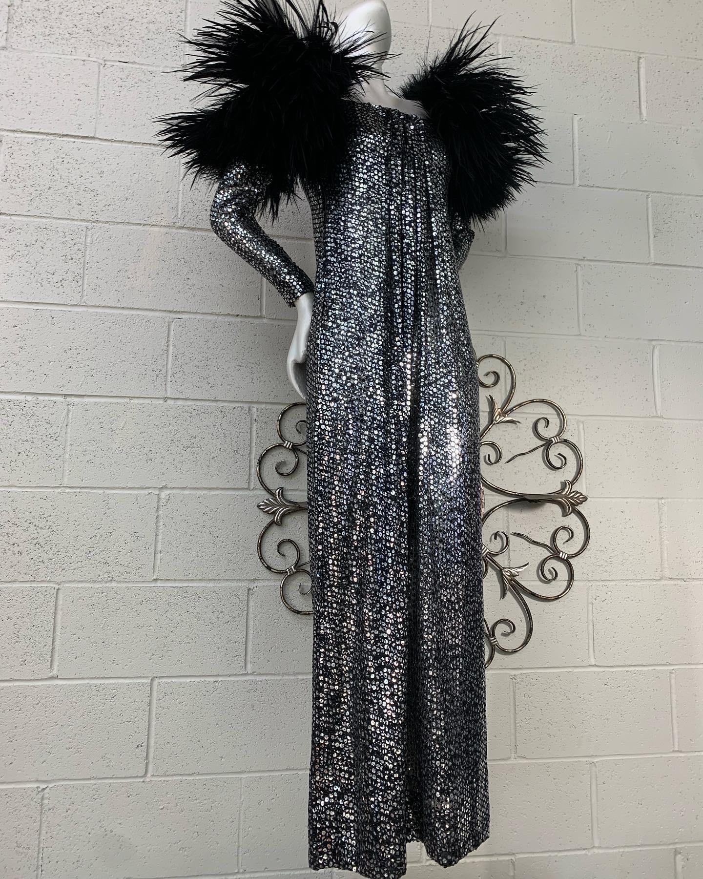 1970 Silver & Black Sequin Gown w Avant Garde Black Feather Shoulder Detail For Sale 6