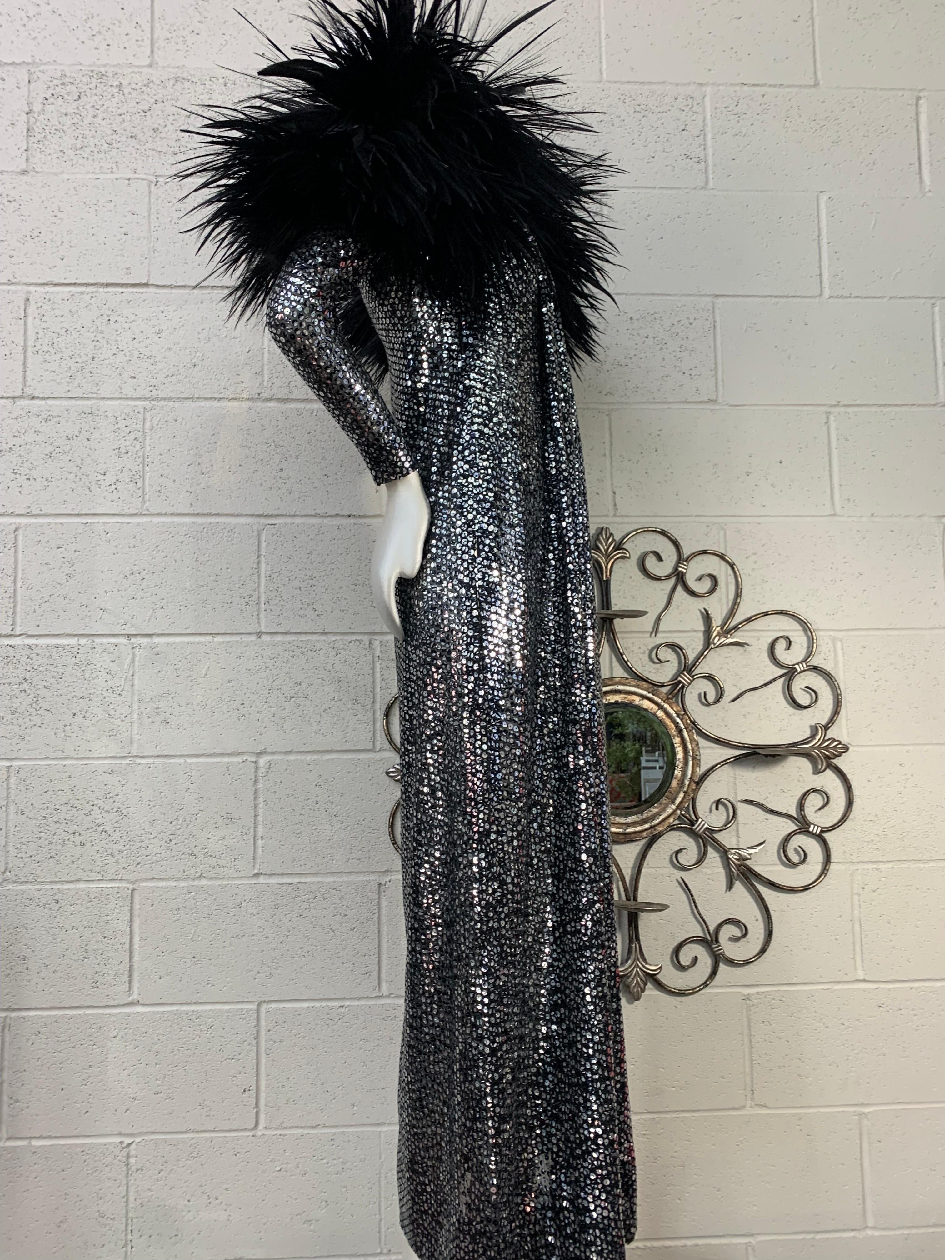 1970 Silver & Black Sequin Gown w Avant Garde Black Feather Shoulder Detail For Sale 7