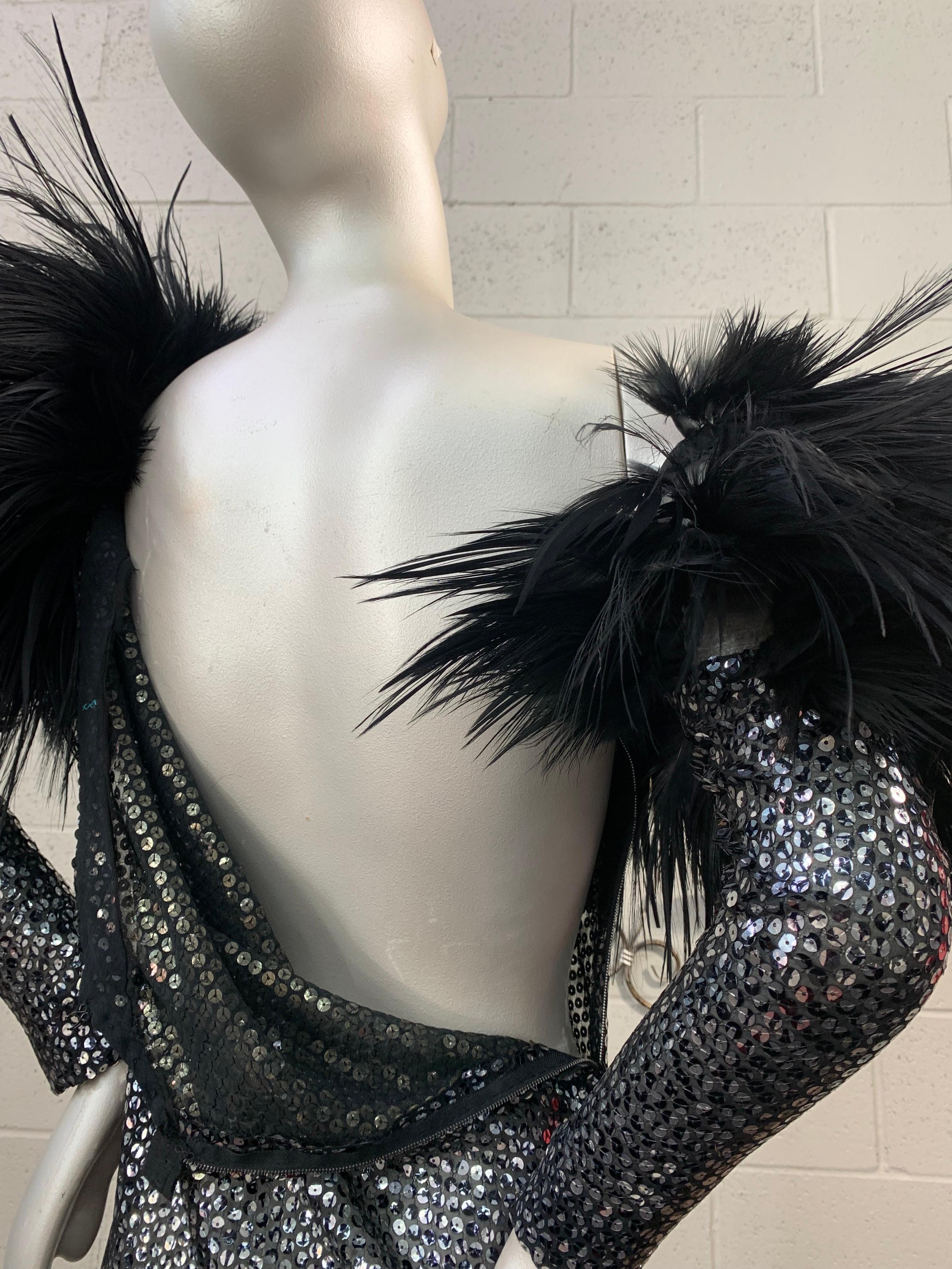 1970 Silver & Black Sequin Gown w Avant Garde Black Feather Shoulder Detail For Sale 9