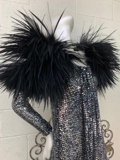 1970 Silver & Black Sequin Gown w Avant Garde Black Feather Shoulder Detail