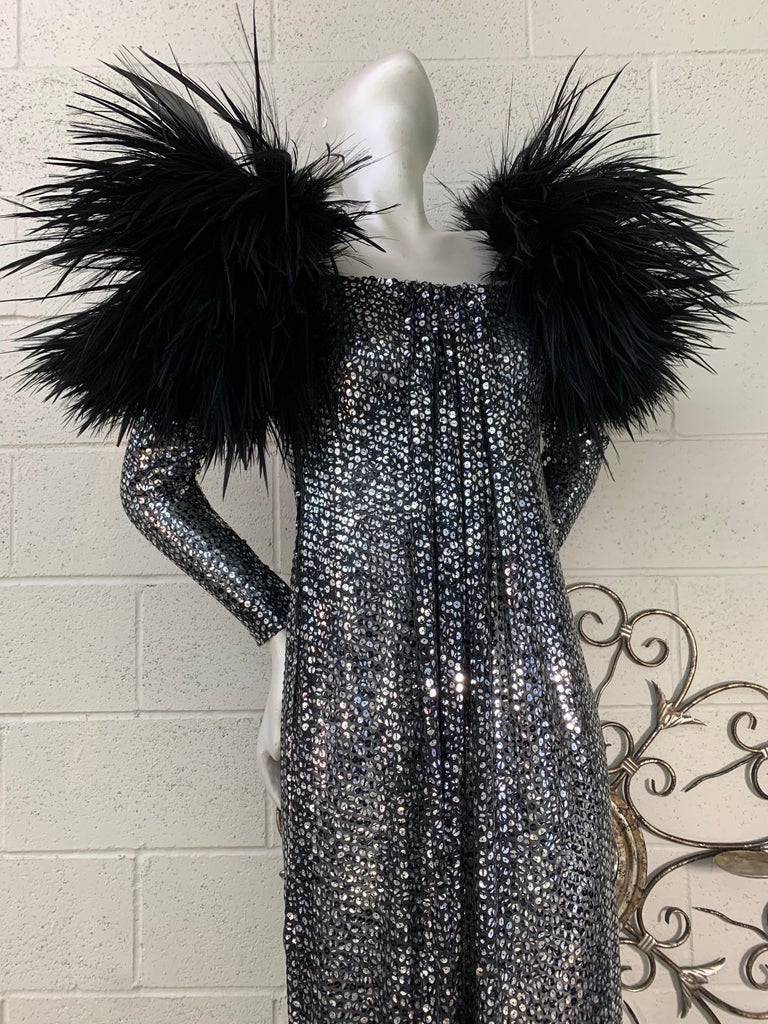 1970 Silver & Black Sequin Gown W Avant Garde Black Feather Shoulder Detail 1970 Silver & Black Sequin Gown W Avant Garde Black Feather Shoulder Detail