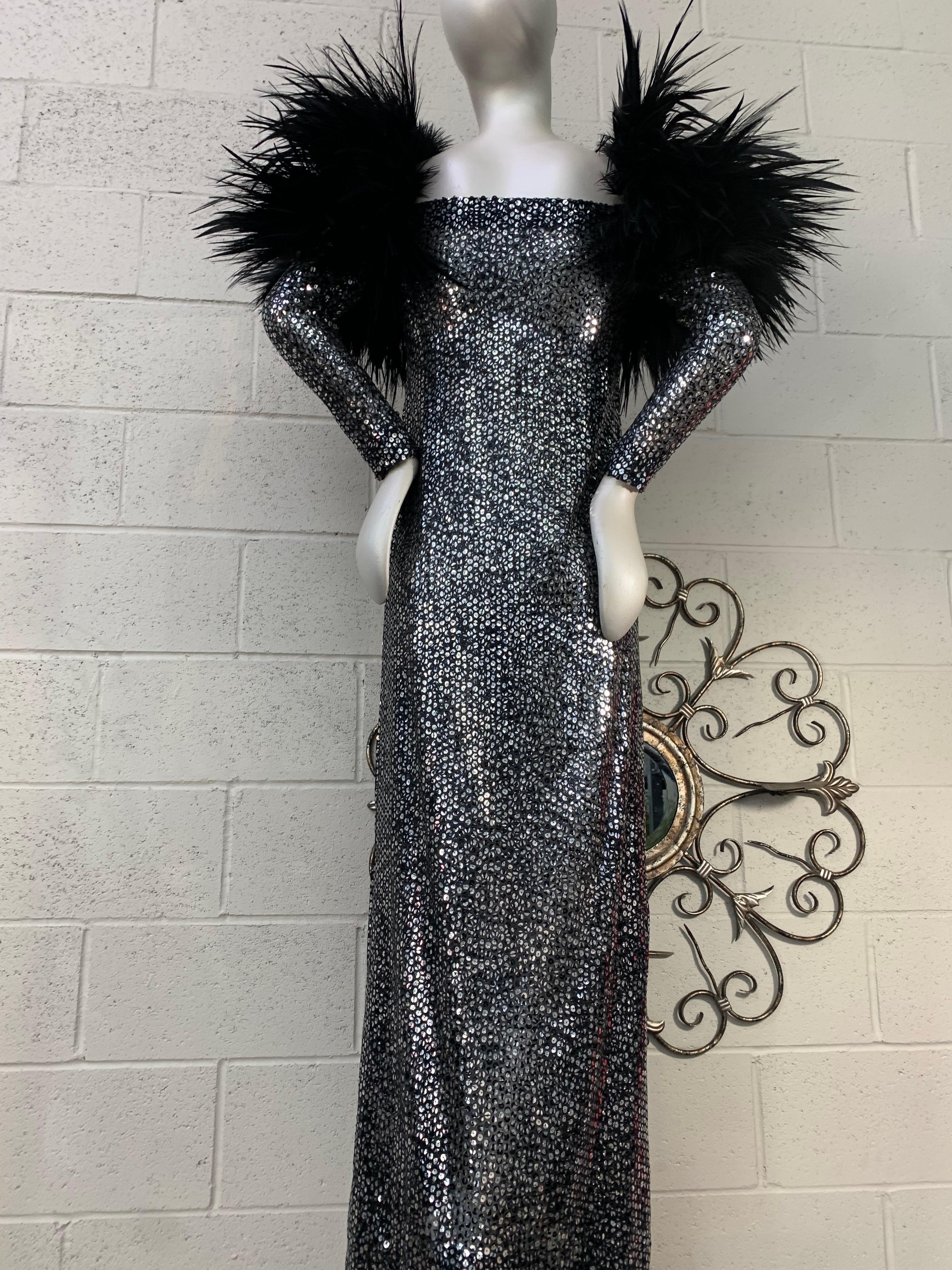 1970 Silver & Black Sequin Gown w Avant Garde Black Feather Shoulder Detail For Sale 2