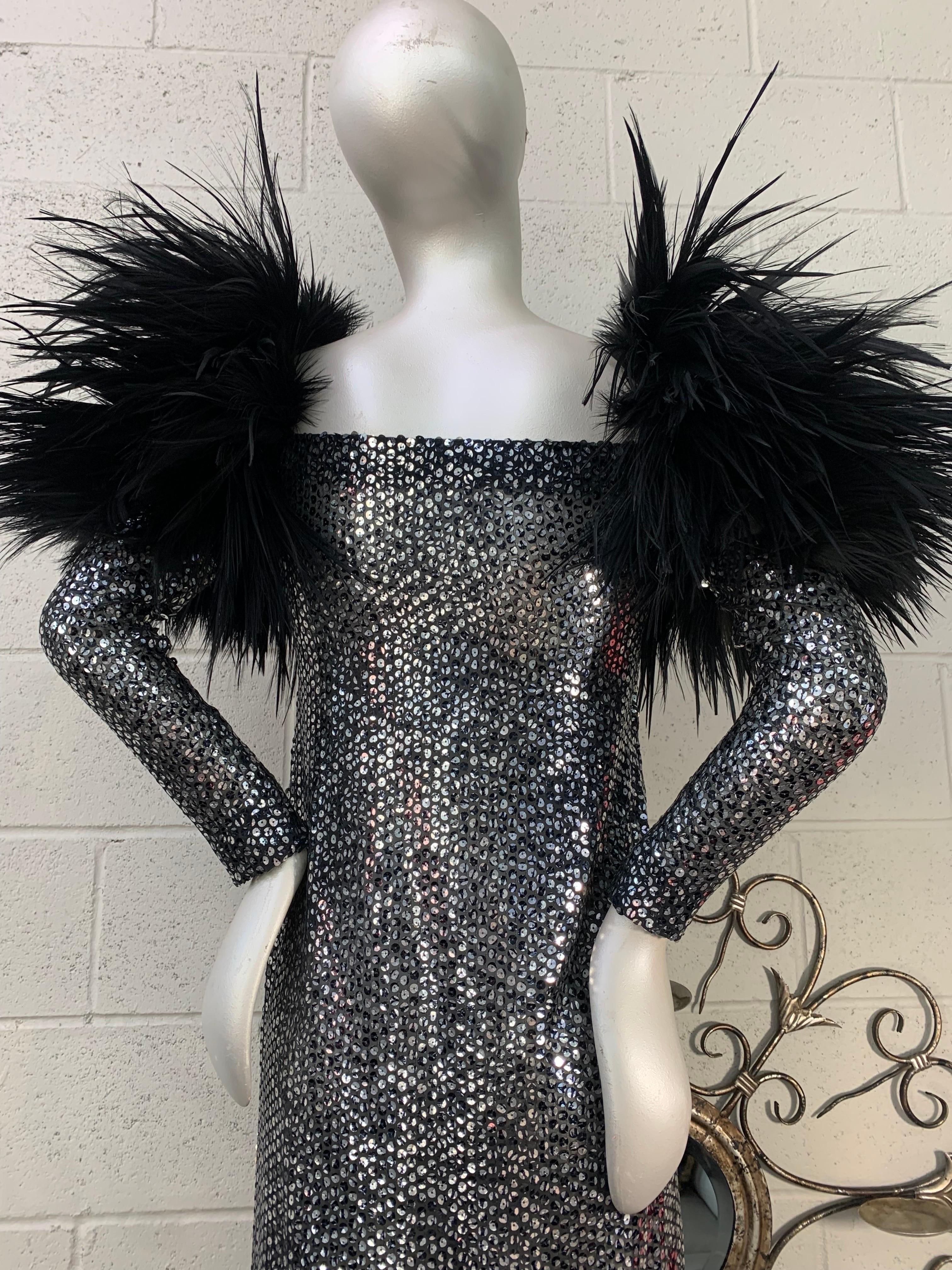 1970 Silver & Black Sequin Gown w Avant Garde Black Feather Shoulder Detail For Sale 3