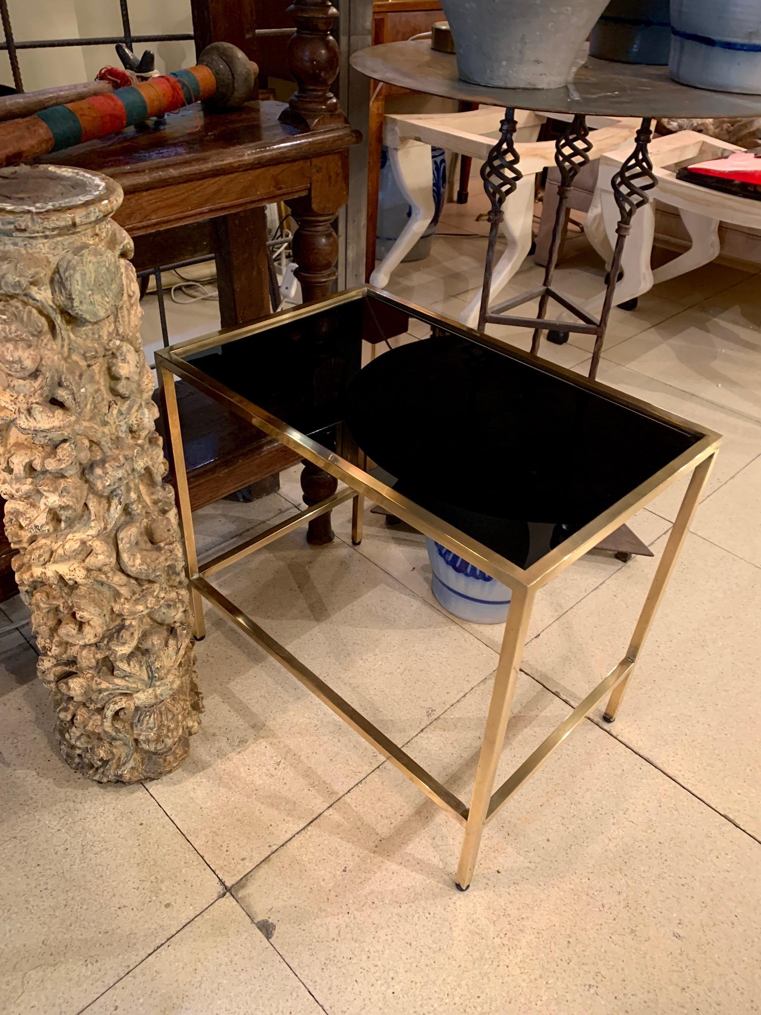 1970 Small Brass Coffee Table with Black Glass Top For Sale 2