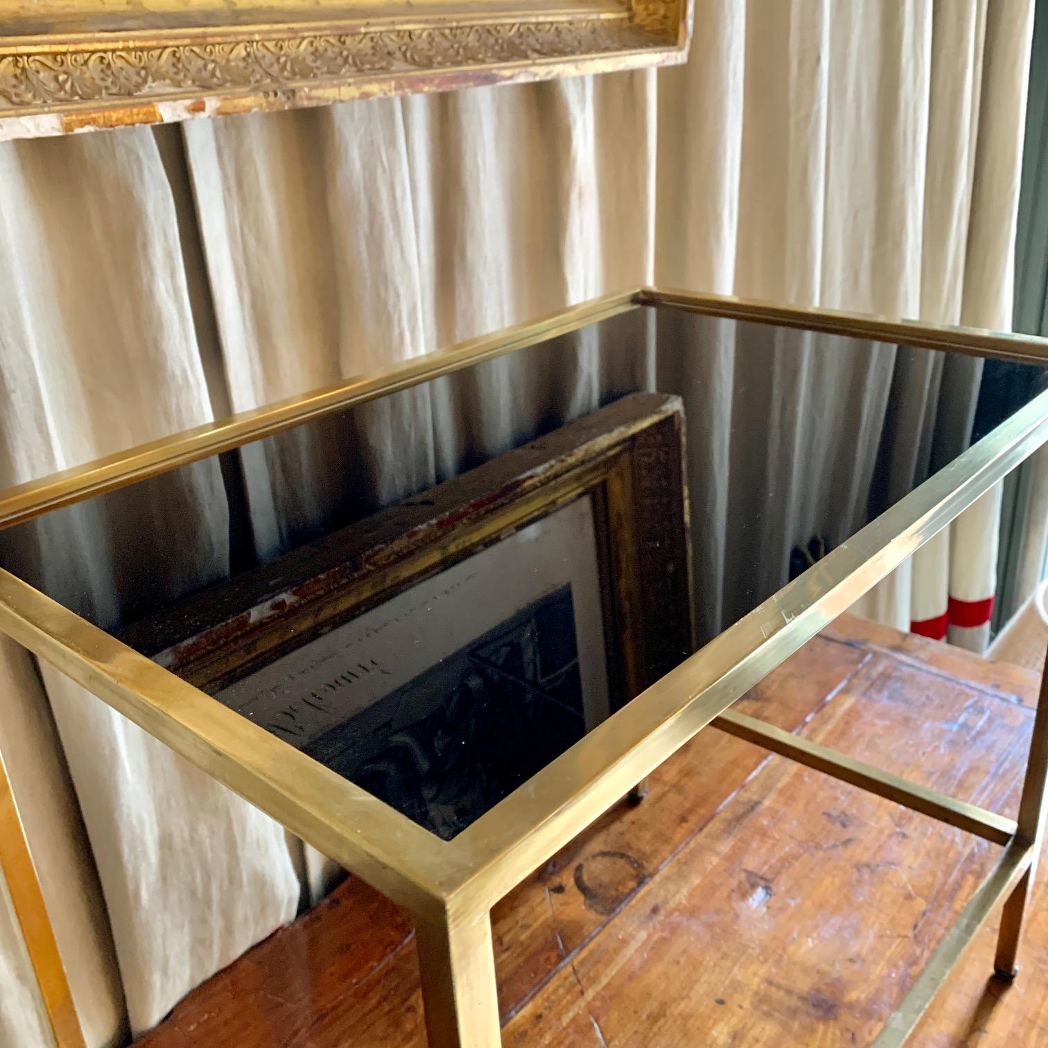 Mid-Century Modern 1970 Small Brass Coffee Table with Black Glass Top For Sale